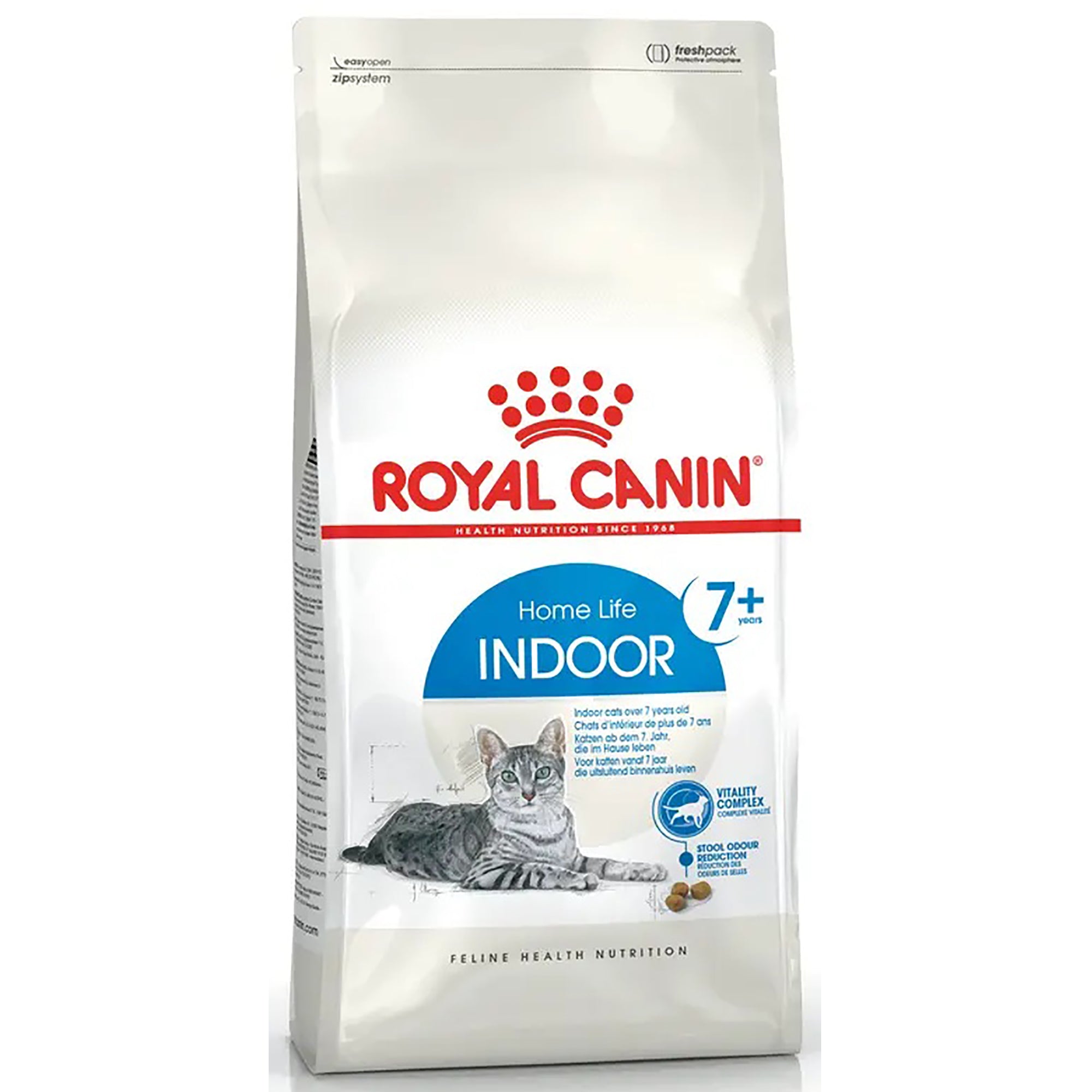 A bag of Royal Canin Home Life Indoor cat food for cats 7+, featuring a white background with red and blue branding and an illustration of a gray tabby cat.