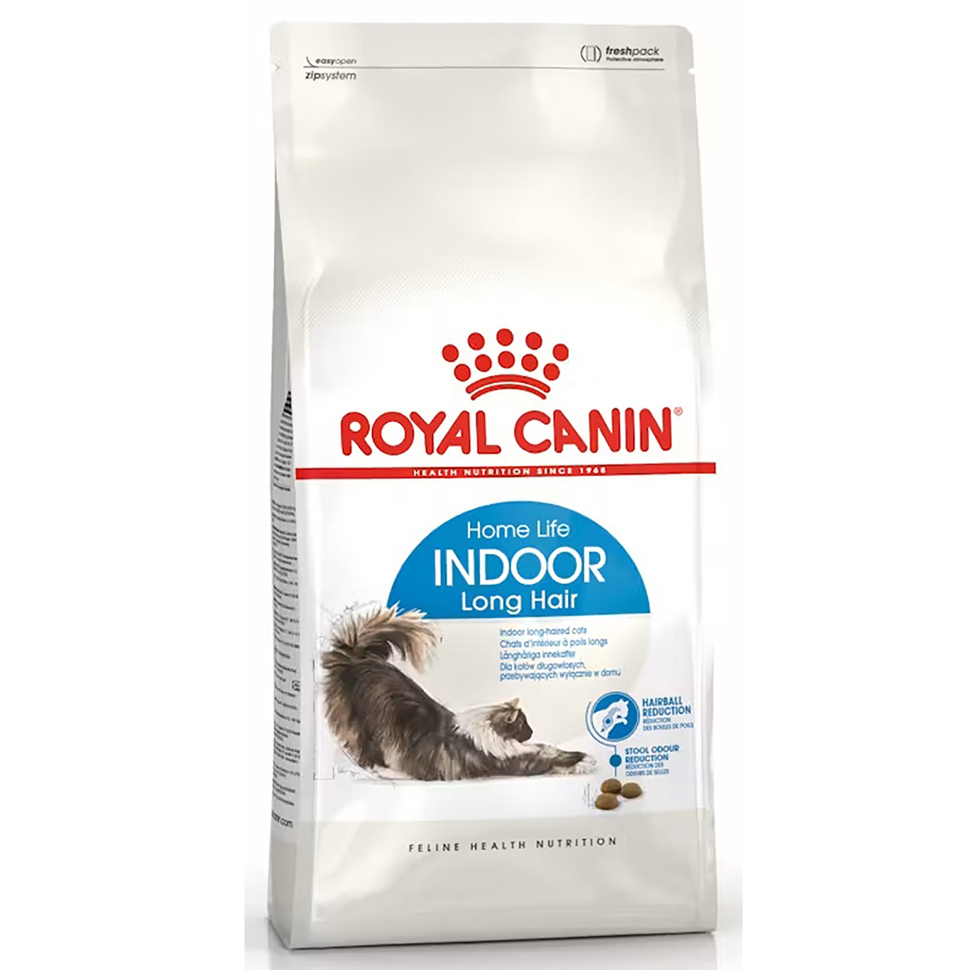 A bag of Royal Canin Home Life Indoor Long Hair cat food, featuring a white bag with red and blue branding and an illustration of a long-haired cat.