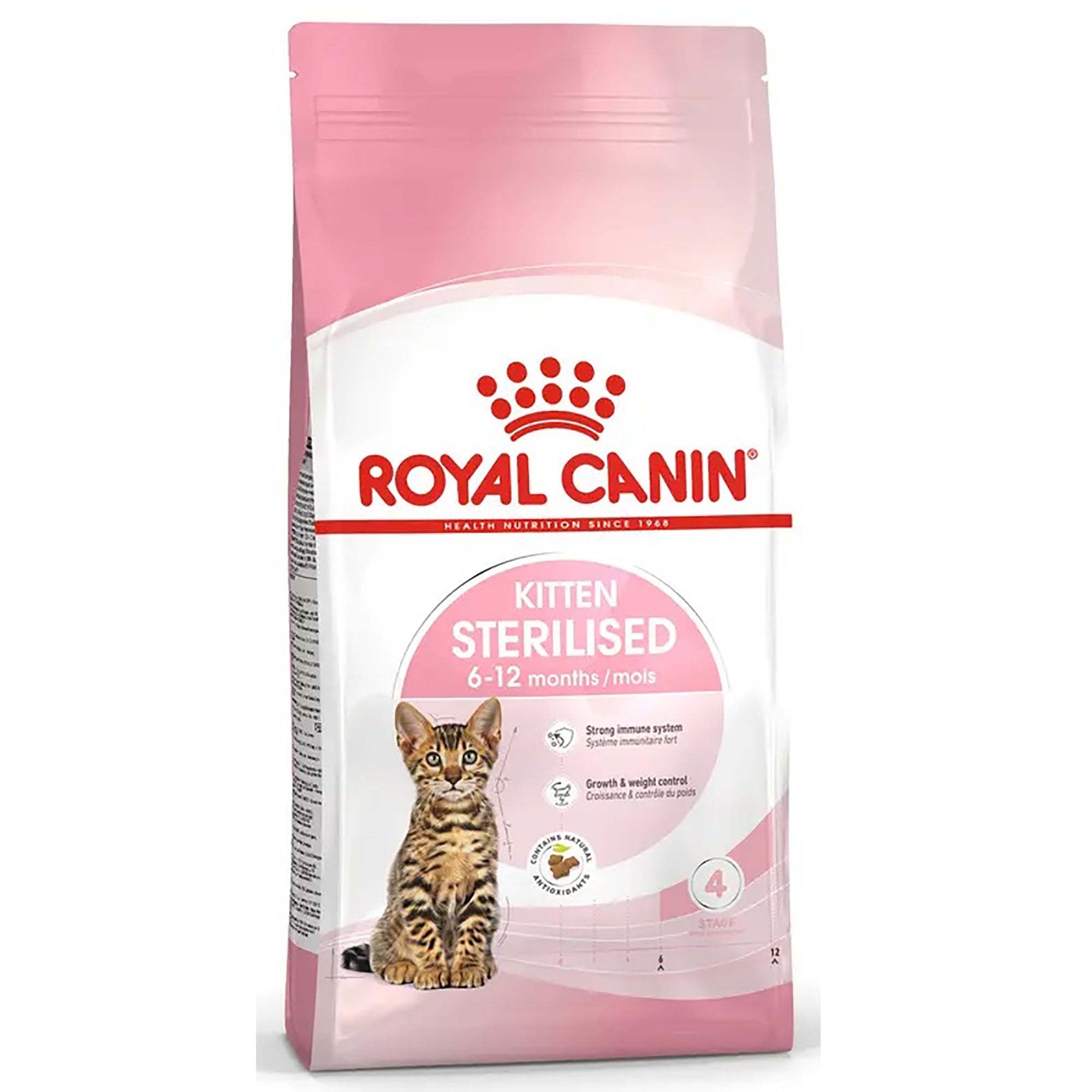 A bag of Royal Canin Kitten Sterilised cat food, 12kg, featuring a pink and white package with a picture of a tabby kitten.