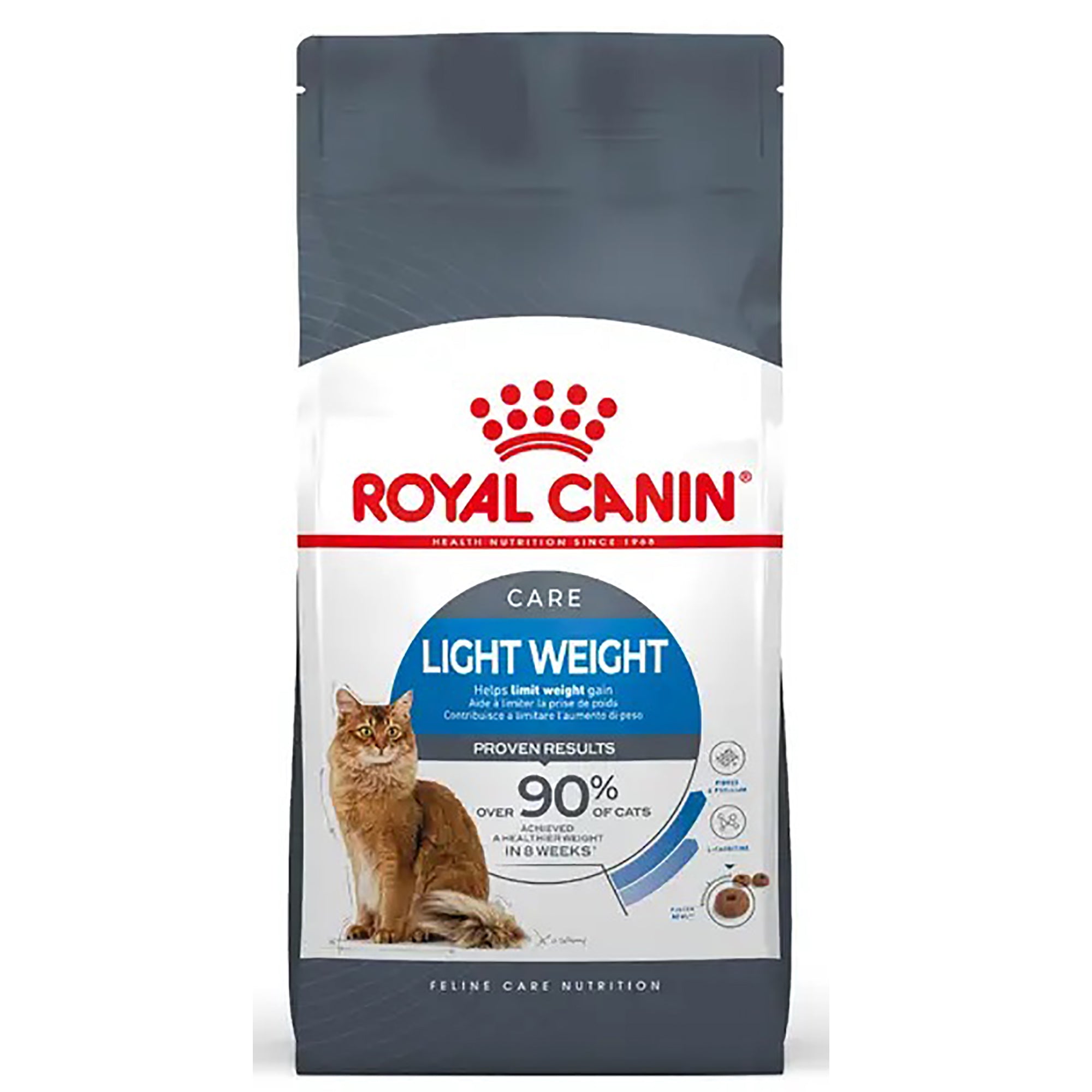 A bag of Royal Canin Care Light Weight cat food, featuring a dark gray and white package with a red Royal Canin logo, a picture of an orange tabby cat, and blue circular accents.
