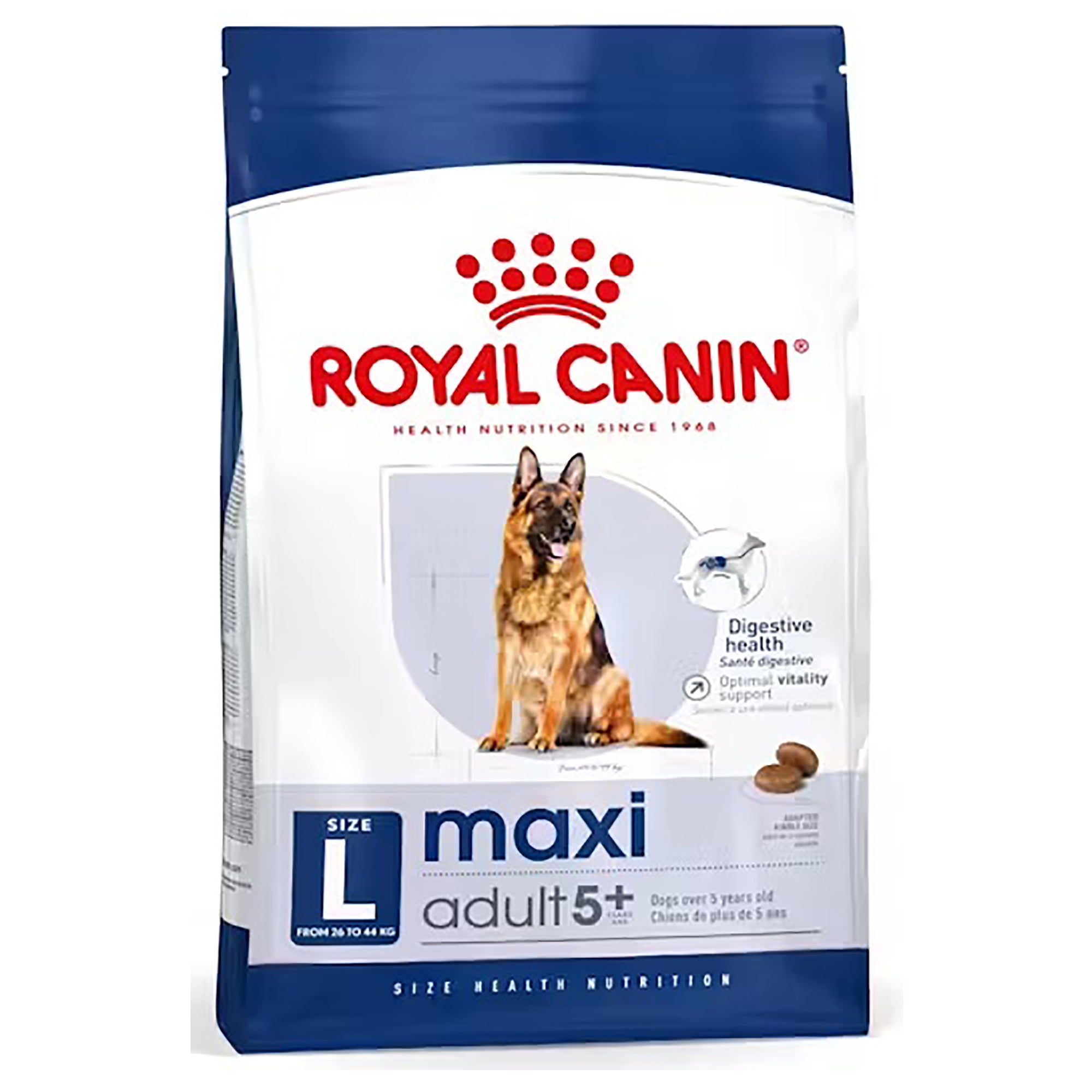 A bag of Royal Canin Maxi adult 5+ dog food, size Large, featuring a German Shepherd on the front of the packaging against a white background.