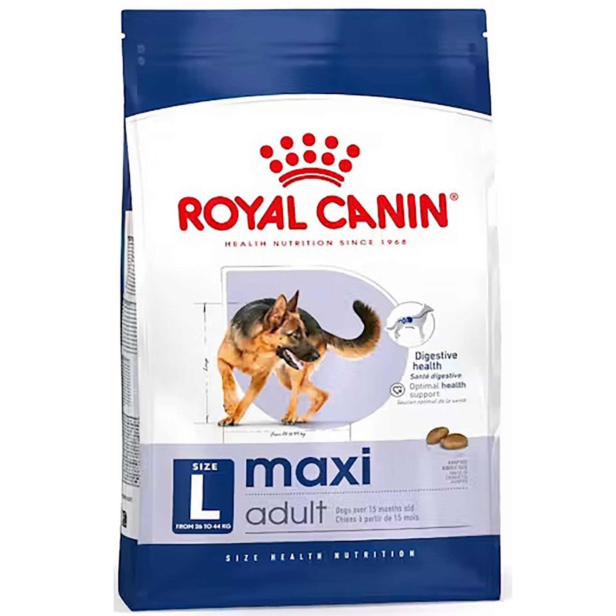 A bag of Royal Canin Maxi Adult dog food, Size L, shown against a plain white background. The packaging is white and dark blue with a red Royal Canin logo and an image of a German Shepherd.