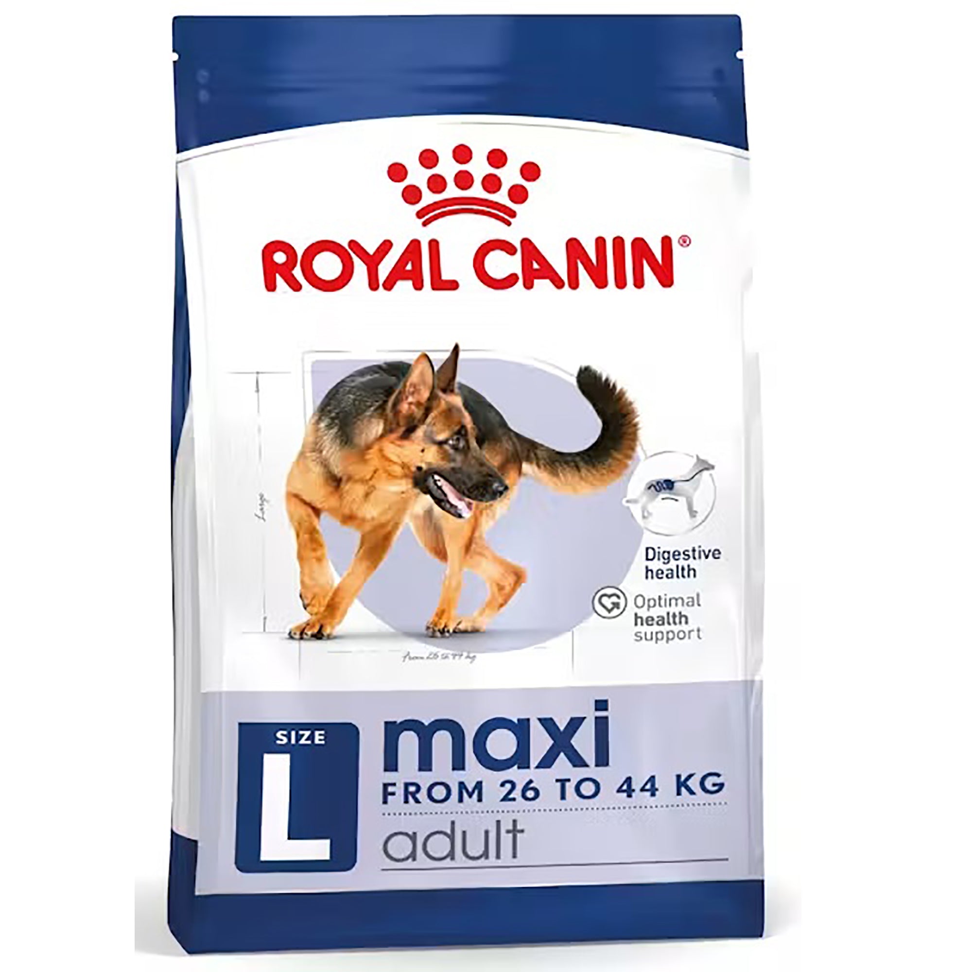 A bag of Royal Canin Maxi adult dog food, size Large (L), for dogs weighing 26 to 44 kg. The packaging is white and blue with a picture of a German Shepherd on the front, set against a plain white background.