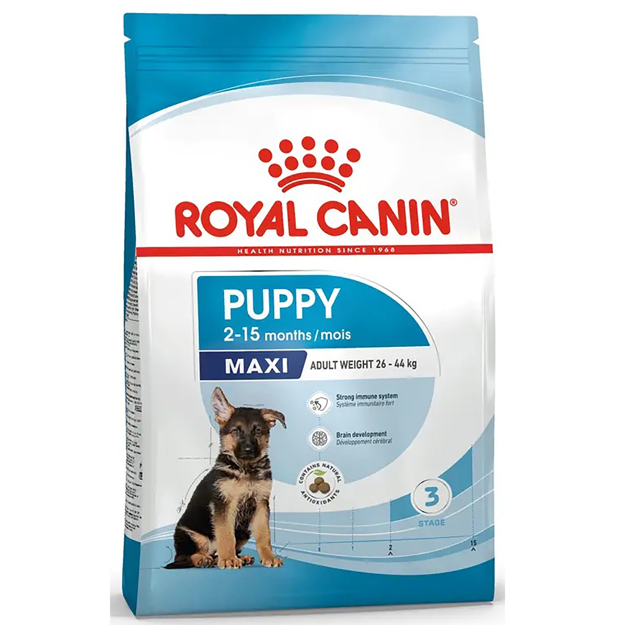 A bag of Royal Canin Puppy Maxi dog food, 3 kg, featuring a German Shepherd puppy on the front of the packaging against a white background.
