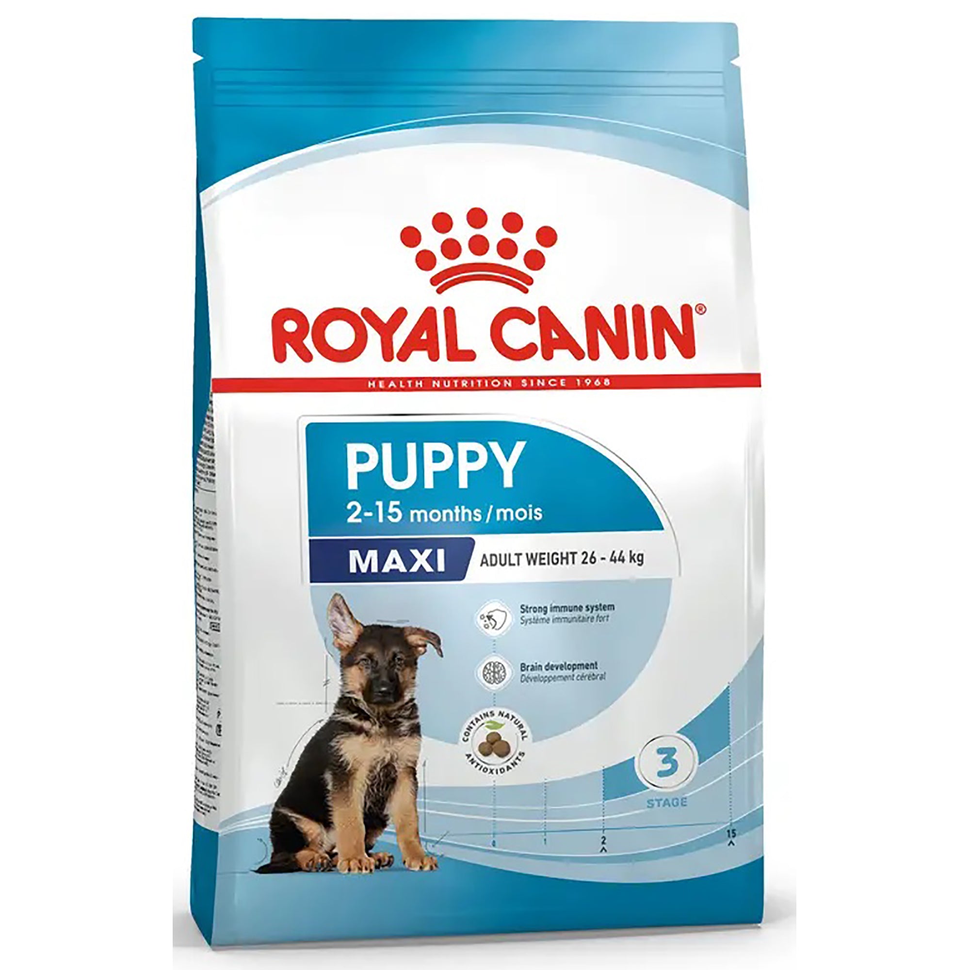 A bag of Royal Canin Puppy Maxi dog food, designed for puppies aged 2-15 months. The packaging is white and blue with a red Royal Canin logo, and features a photo of a German Shepherd puppy on the front.