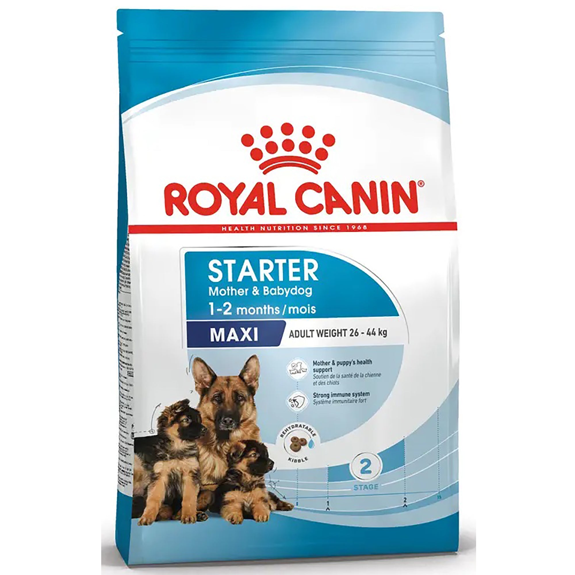A bag of Royal Canin Starter Maxi dog food for adult dogs weighing 26-44 kg, featuring a blue and white package design with a red Royal Canin logo and an illustration of a German Shepherd and puppies.