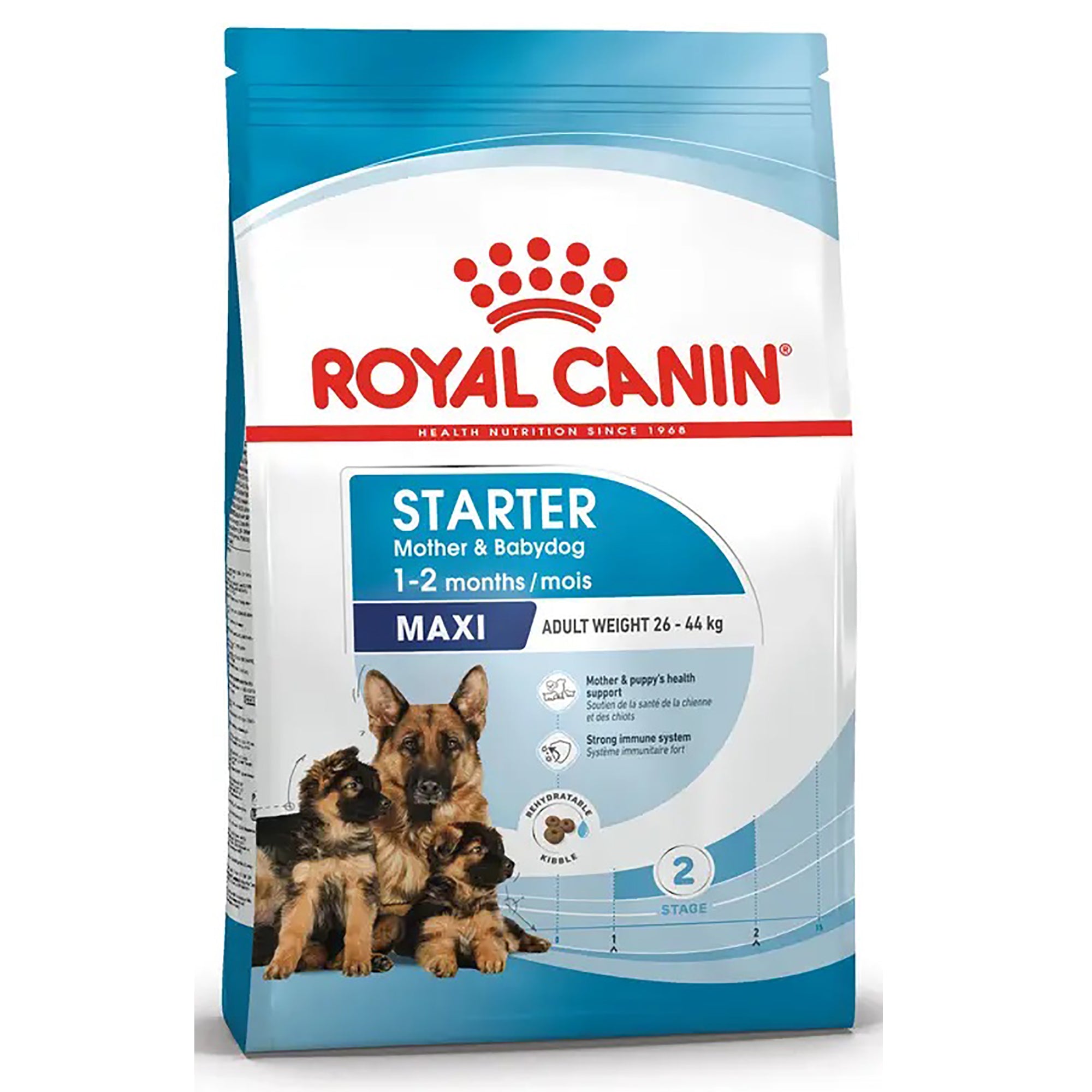 A bag of Royal Canin Starter Maxi dog food for adult weight 26-44 kg, featuring a blue and white package design with a red Royal Canin logo and an image of a German Shepherd with puppies.