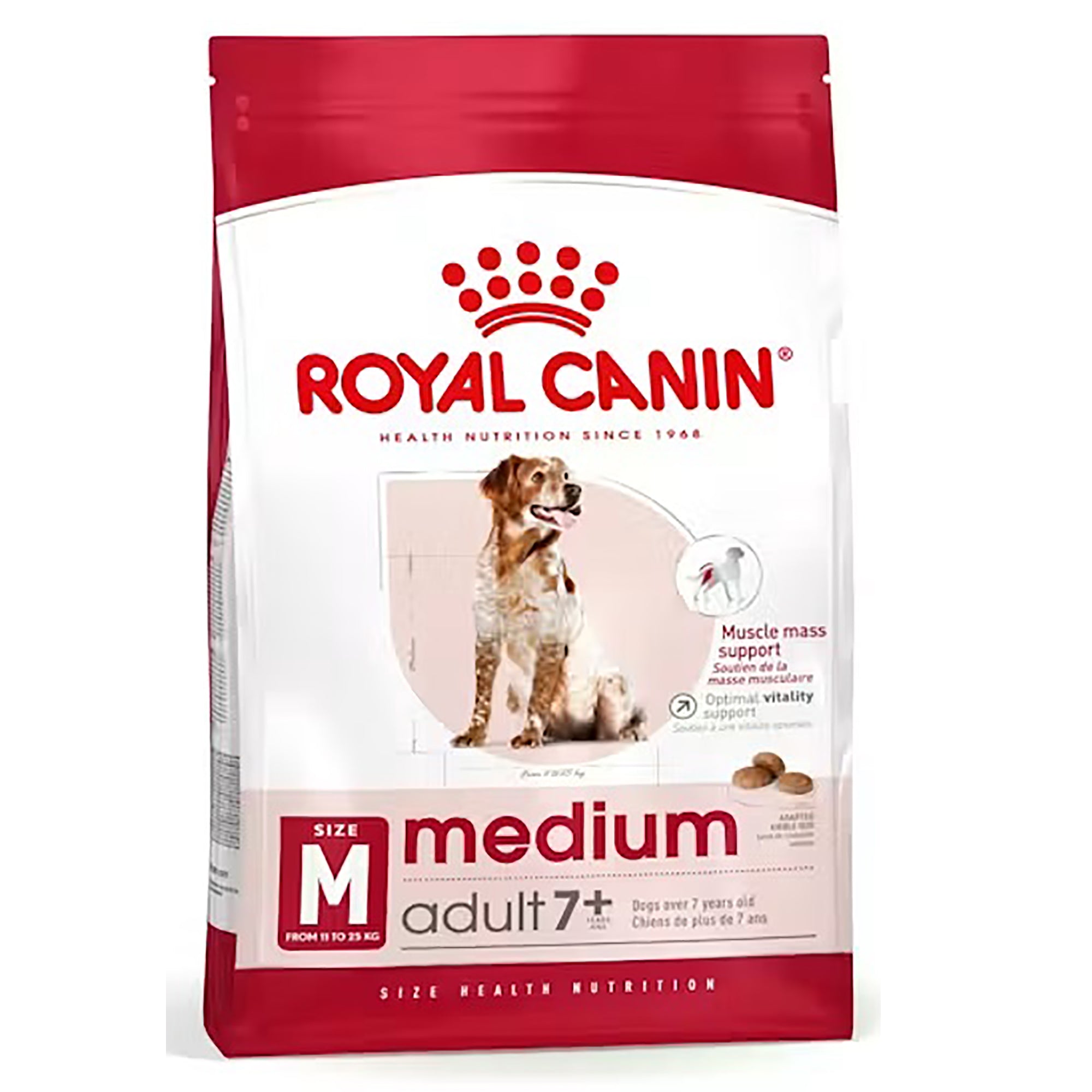 A bag of Royal Canin Medium Adult 7+ dog food, featuring a white and red package with a picture of a brown and white dog on the front.