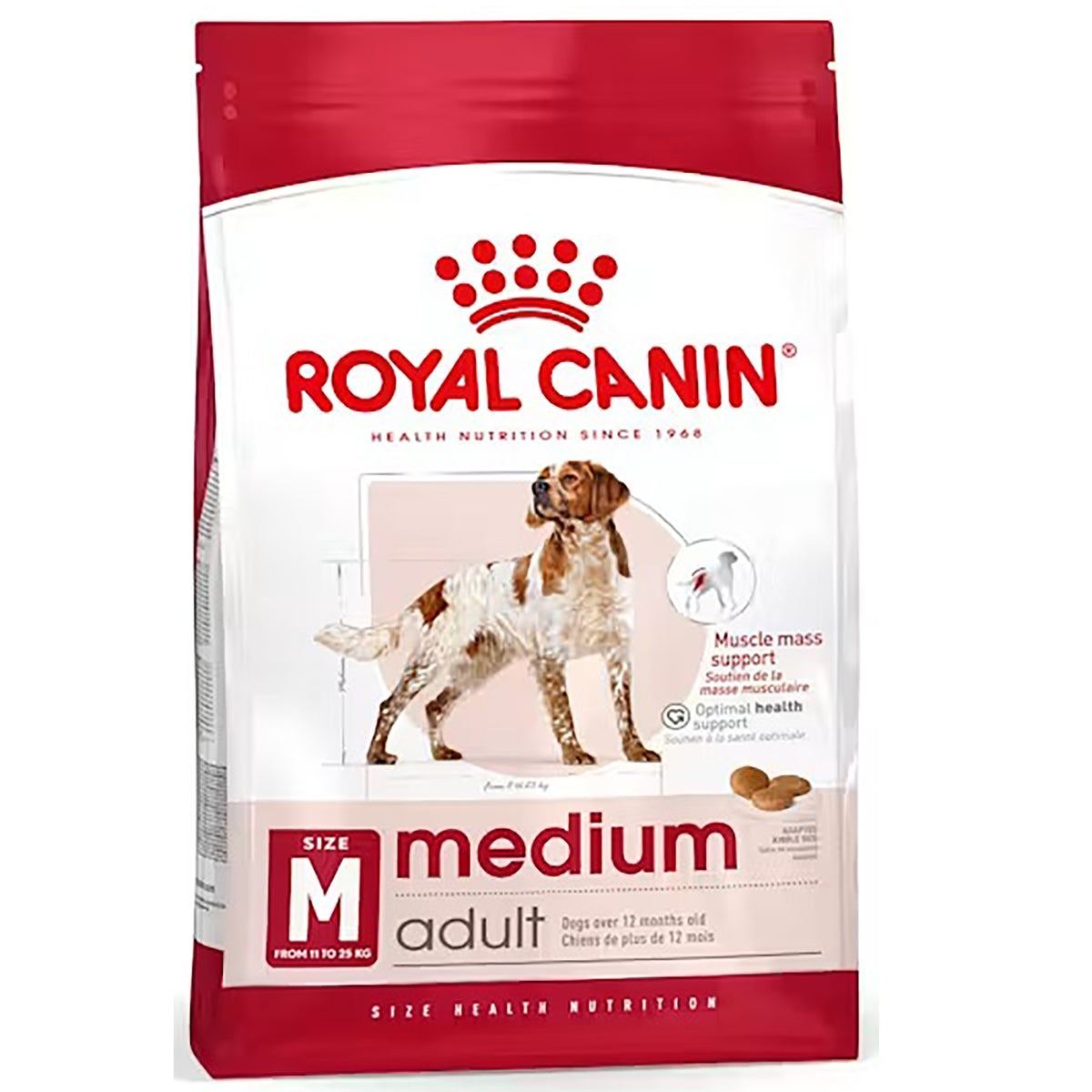 A bag of Royal Canin Medium Adult dog food, featuring a white and red package with an illustration of a brown and white spaniel dog.