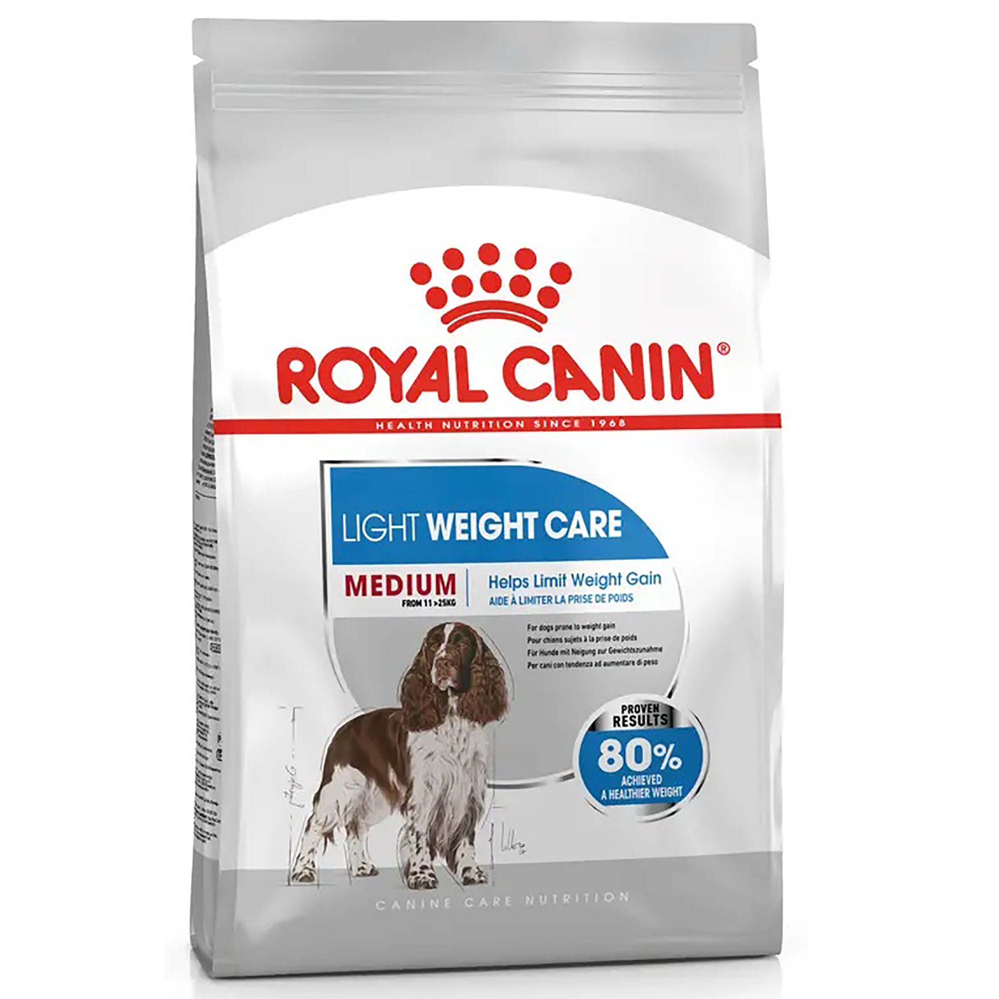A bag of Royal Canin Light Weight Care Medium dog food on a plain white background.