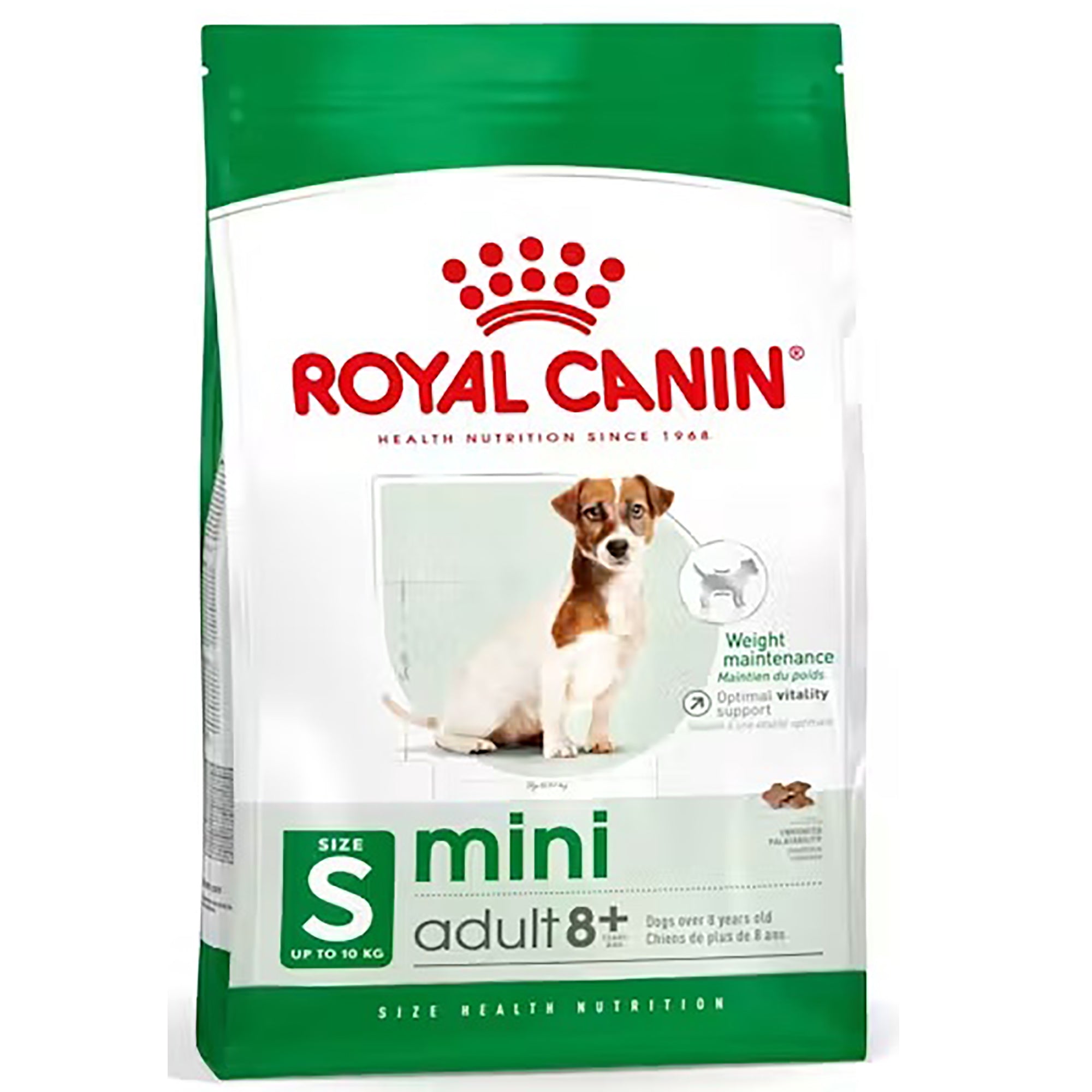 A bag of Royal Canin Mini Adult 8+ dry dog food, size S (up to 10 kg), featuring a white and green package design with a picture of a small brown and white dog.