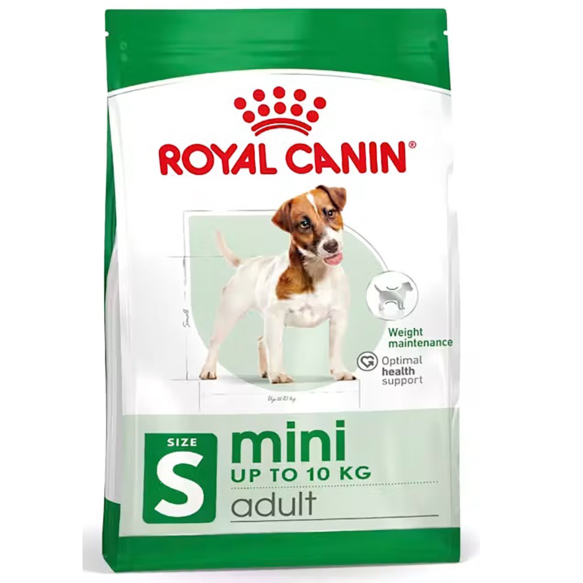 A bag of Royal Canin mini adult dog food, size S (up to 10 kg), featuring a white and green package with a picture of a brown and white dog.