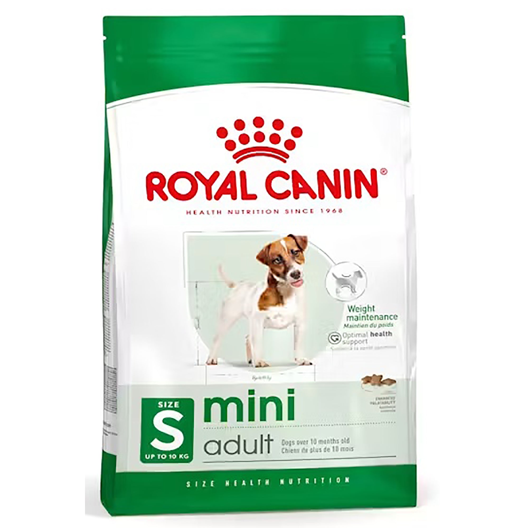 A bag of Royal Canin Mini Adult dog food, Size S, featuring a white and green package with a picture of a small brown and white dog.