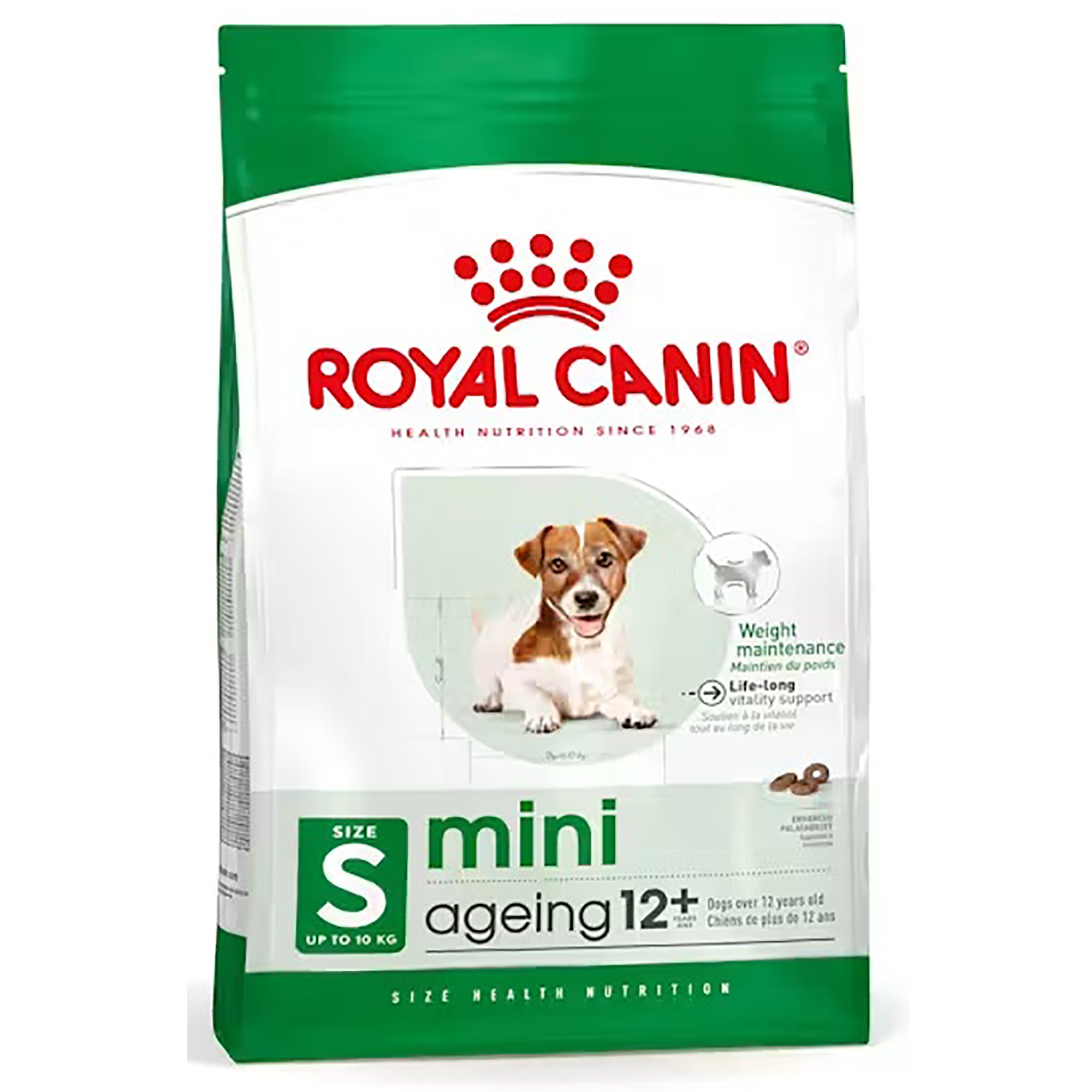 A bag of Royal Canin mini ageing 12+ dog food, size S (up to 10 kg), featuring a white and green package with a picture of a small brown and white dog.