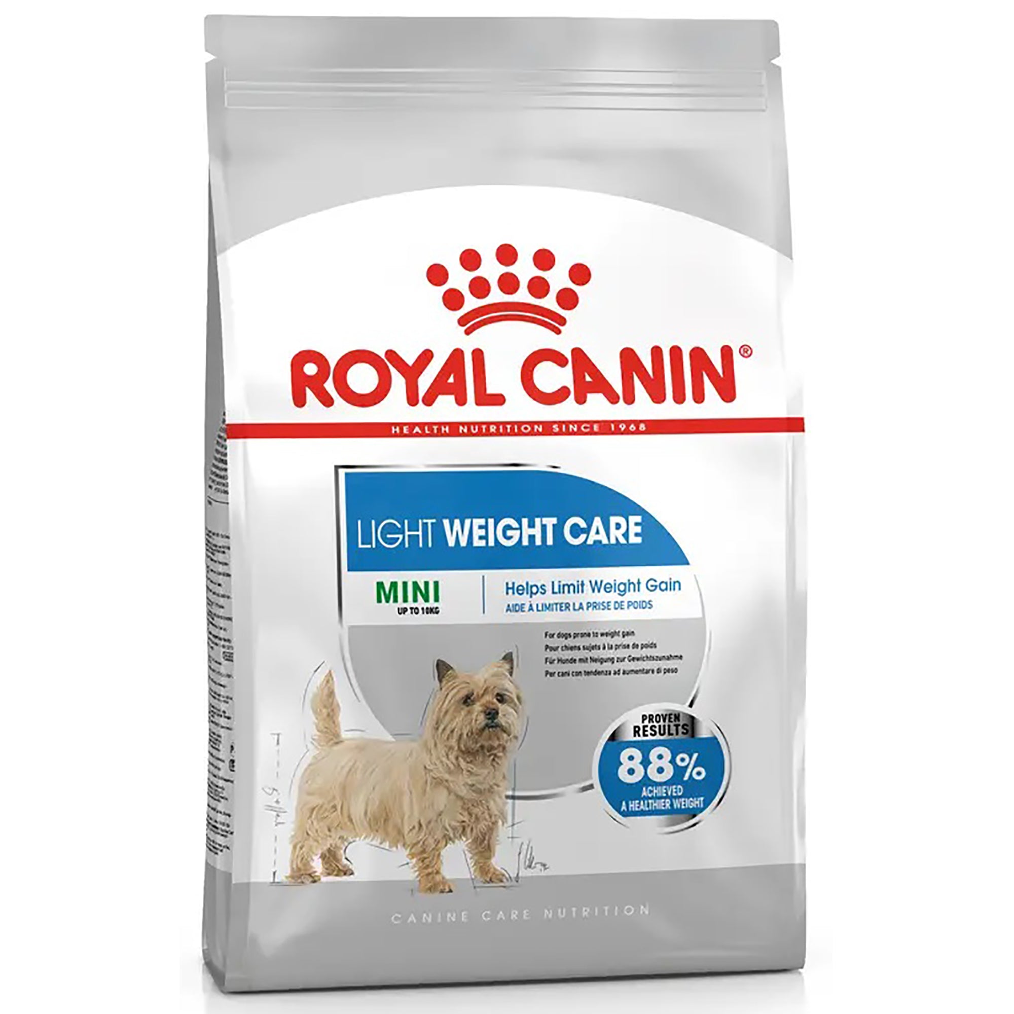 A bag of Royal Canin Mini Light Weight Care dog food on a plain white background. The packaging is white and silver with red and blue branding, featuring a small terrier dog illustration.