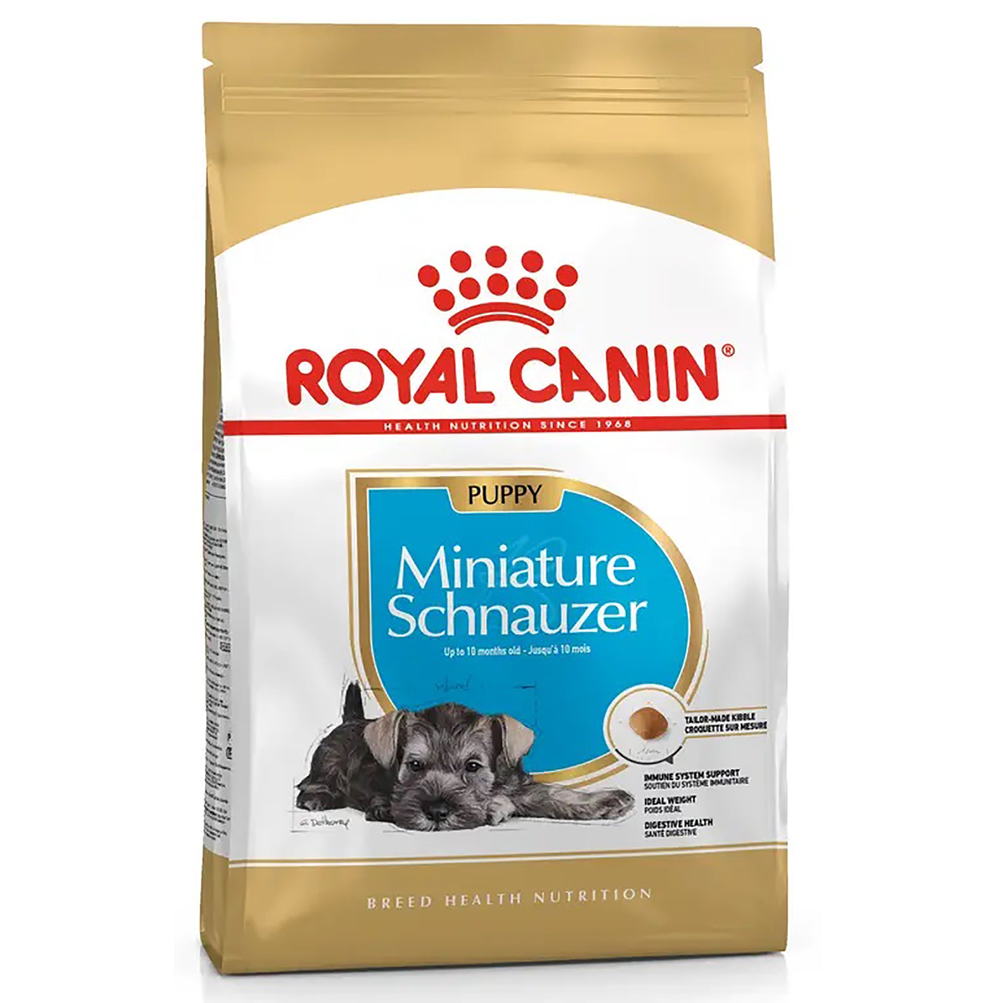 A bag of Royal Canin Miniature Schnauzer puppy dog food, featuring a white and gold package with a picture of a puppy and a blue label.