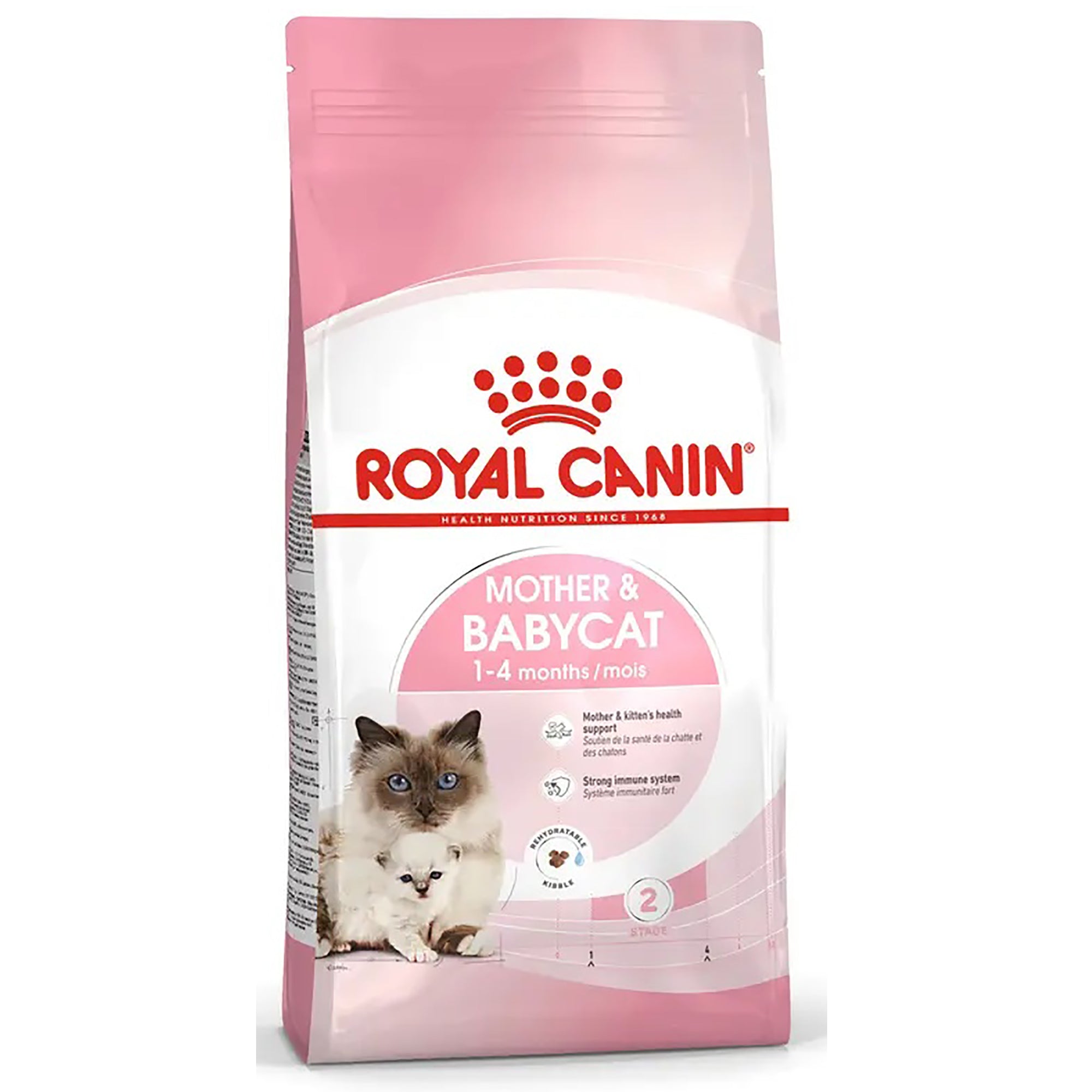 A bag of Royal Canin Mother & Babycat cat food, designed for 1-4 months old cats. The packaging is pink and white with the Royal Canin logo in red at the top, and a photo of a mother cat and her kitten on the front.