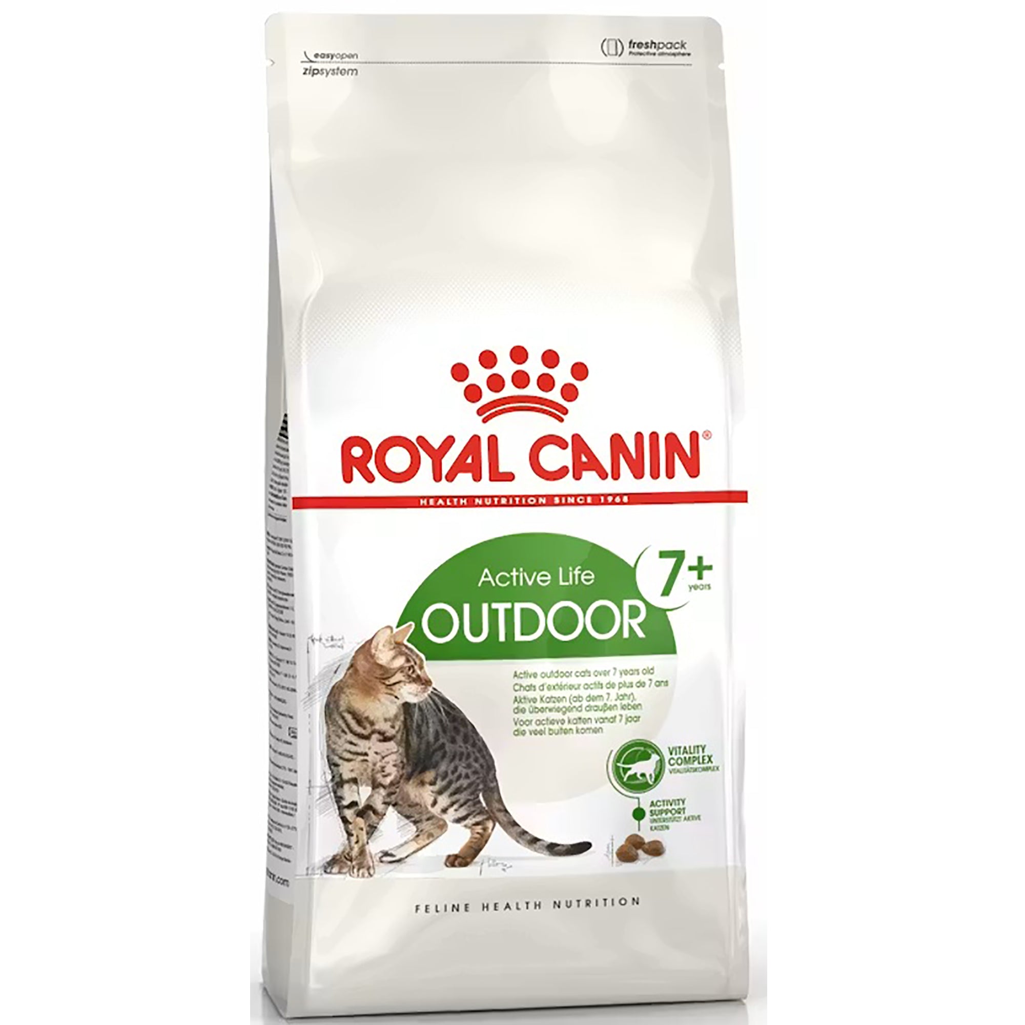 A bag of Royal Canin Active Life Outdoor cat food for cats 7+, featuring a brown tabby cat illustration on a white background with red and green branding.