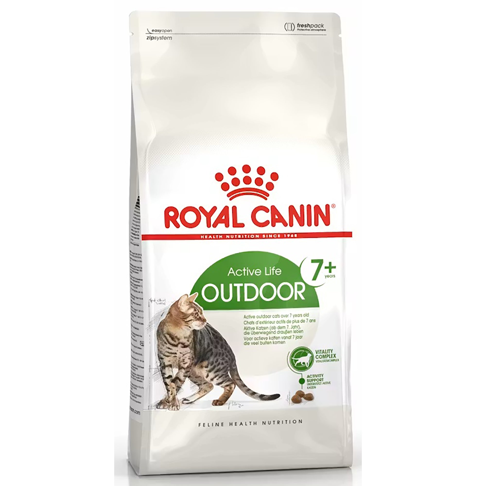 A bag of Royal Canin Active Life Outdoor cat food for cats 7+ years old, featuring a white bag with red and green branding and an illustration of a tabby cat.
