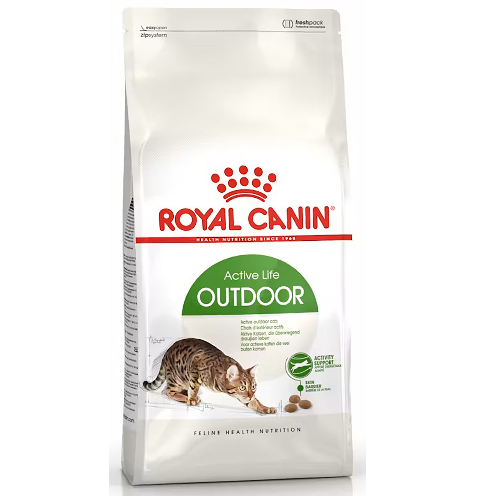 A 10kg bag of Royal Canin Active Life Outdoor cat food, featuring a white bag with red and green branding, a tabby cat illustration, and kibble pieces on a white background.