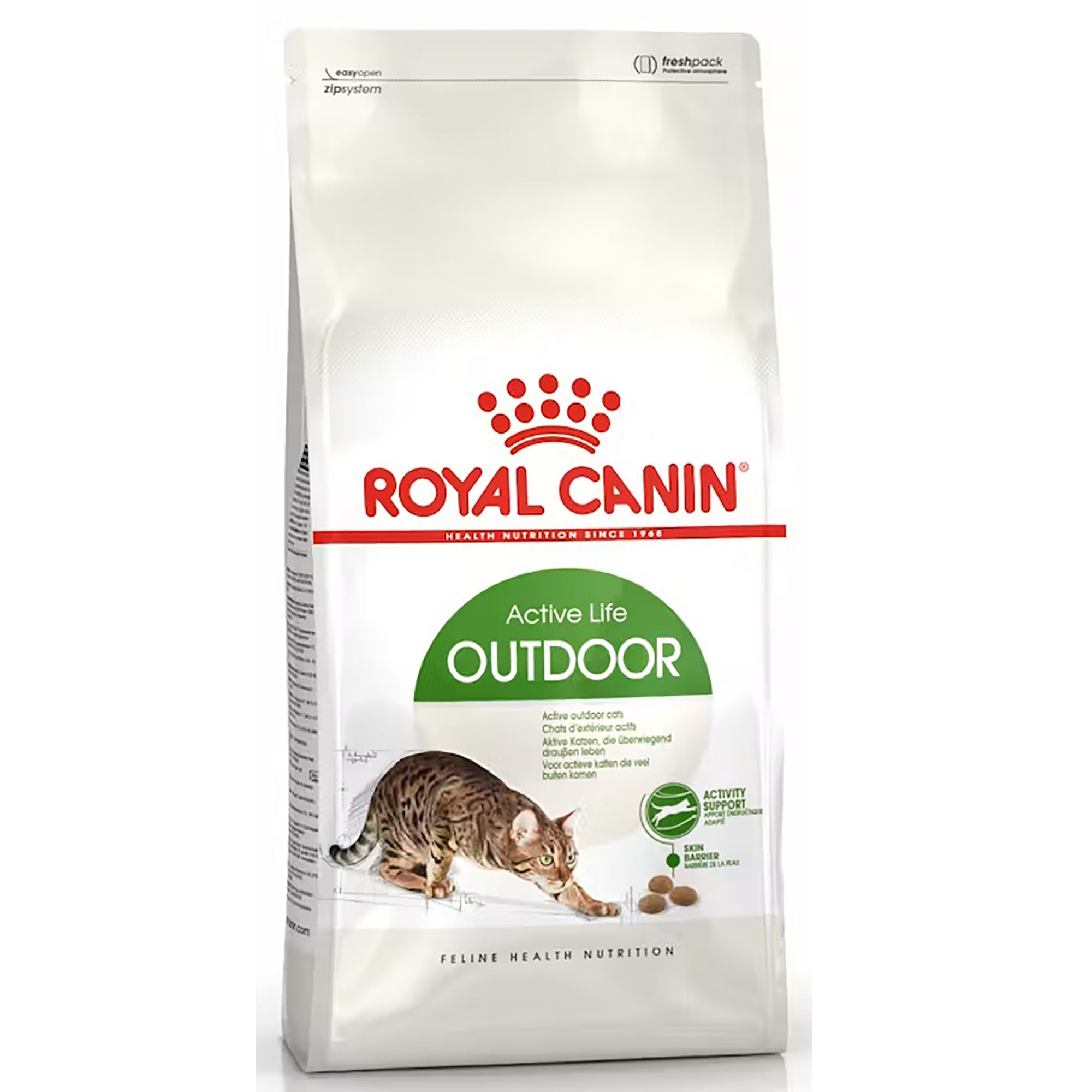 A bag of Royal Canin Active Life Outdoor cat food, featuring a white package with red and green branding, a tabby cat illustration, and kibble pieces shown at the bottom.