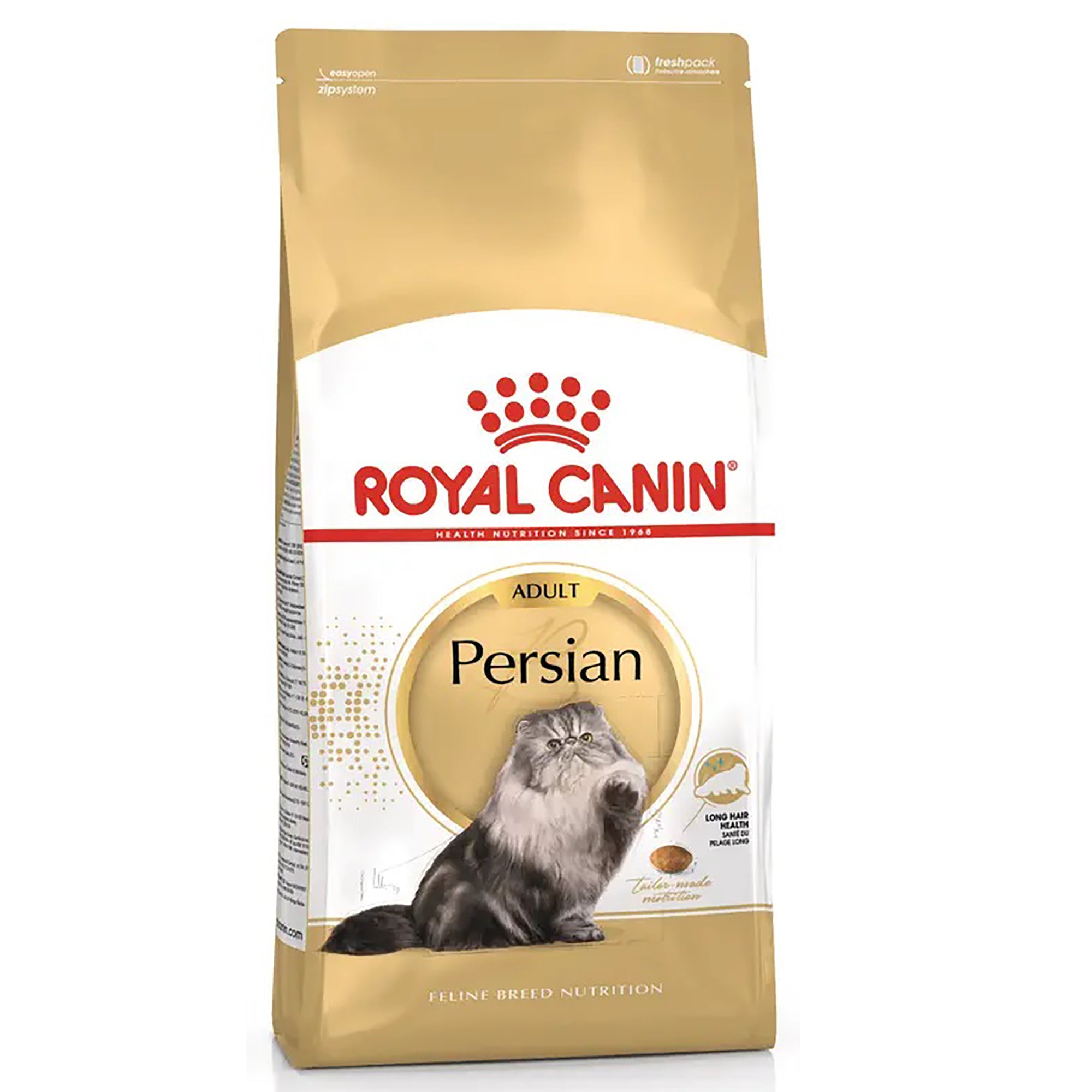 A bag of Royal Canin Persian adult cat food, featuring a gold and white package design with a picture of a long-haired Persian cat on the front.