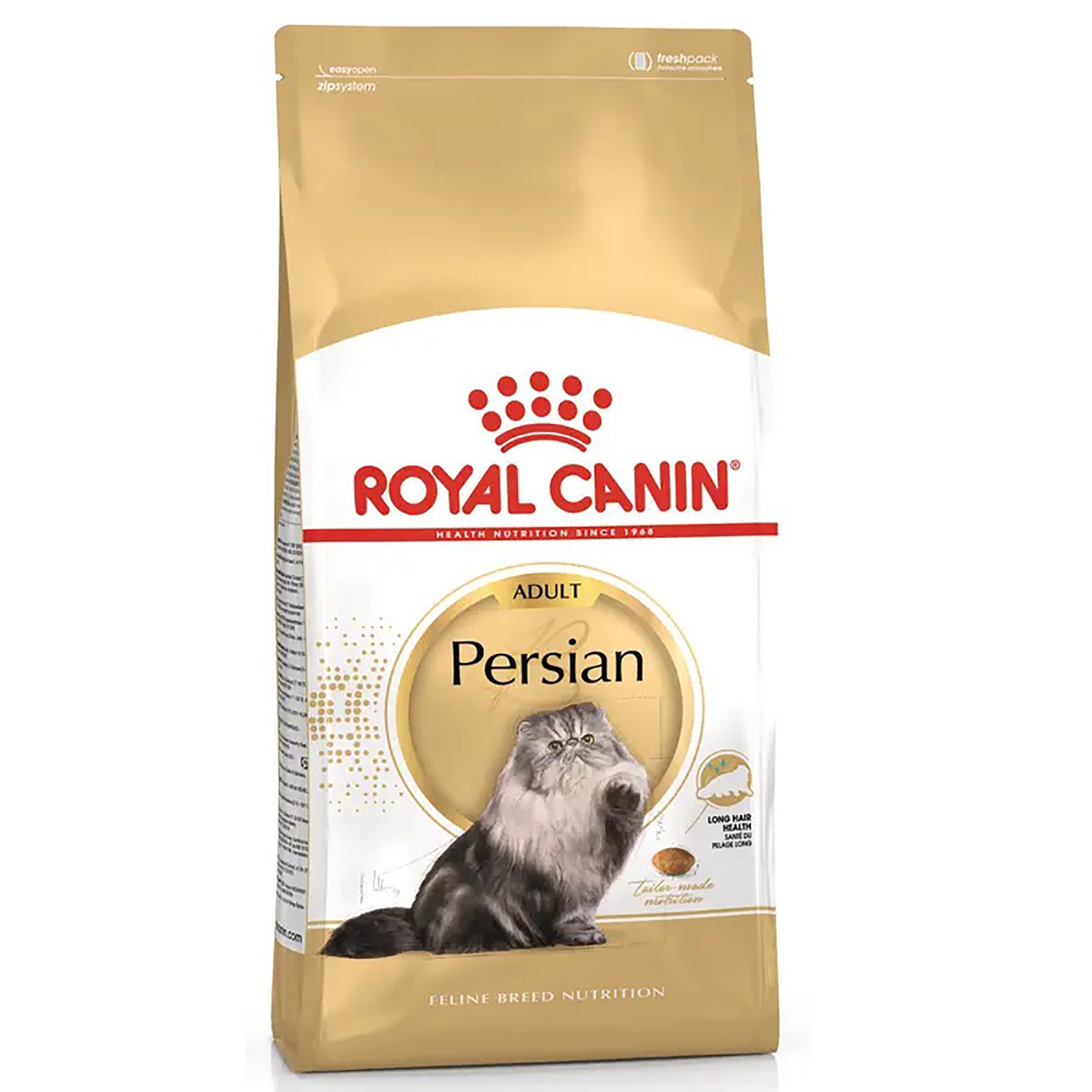 A bag of Royal Canin Persian adult cat food, featuring a gold and white package design with a photo of a long-haired gray Persian cat.