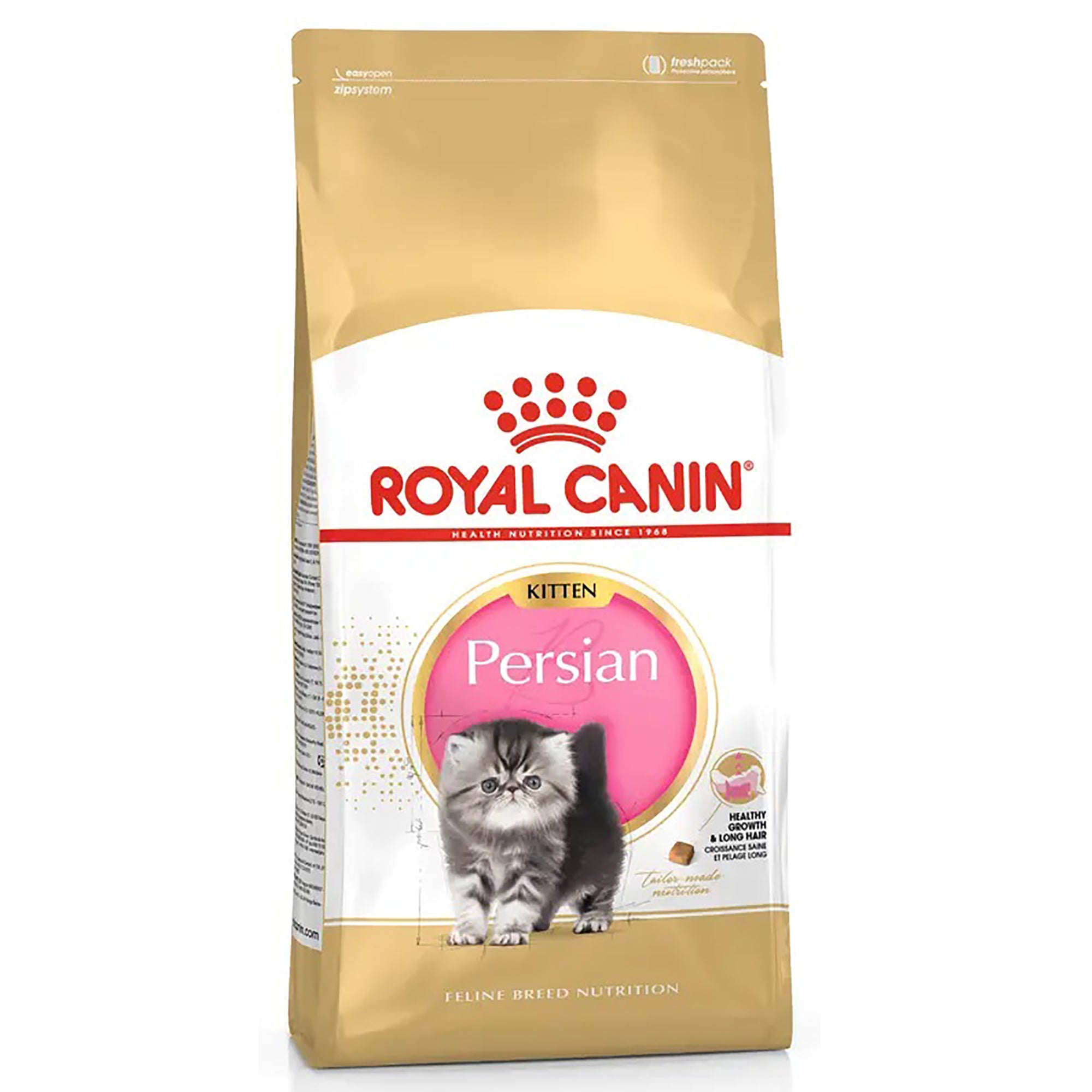 A bag of Royal Canin Persian Kitten cat food, featuring a gold and white package design with a picture of a fluffy gray Persian kitten on the front.