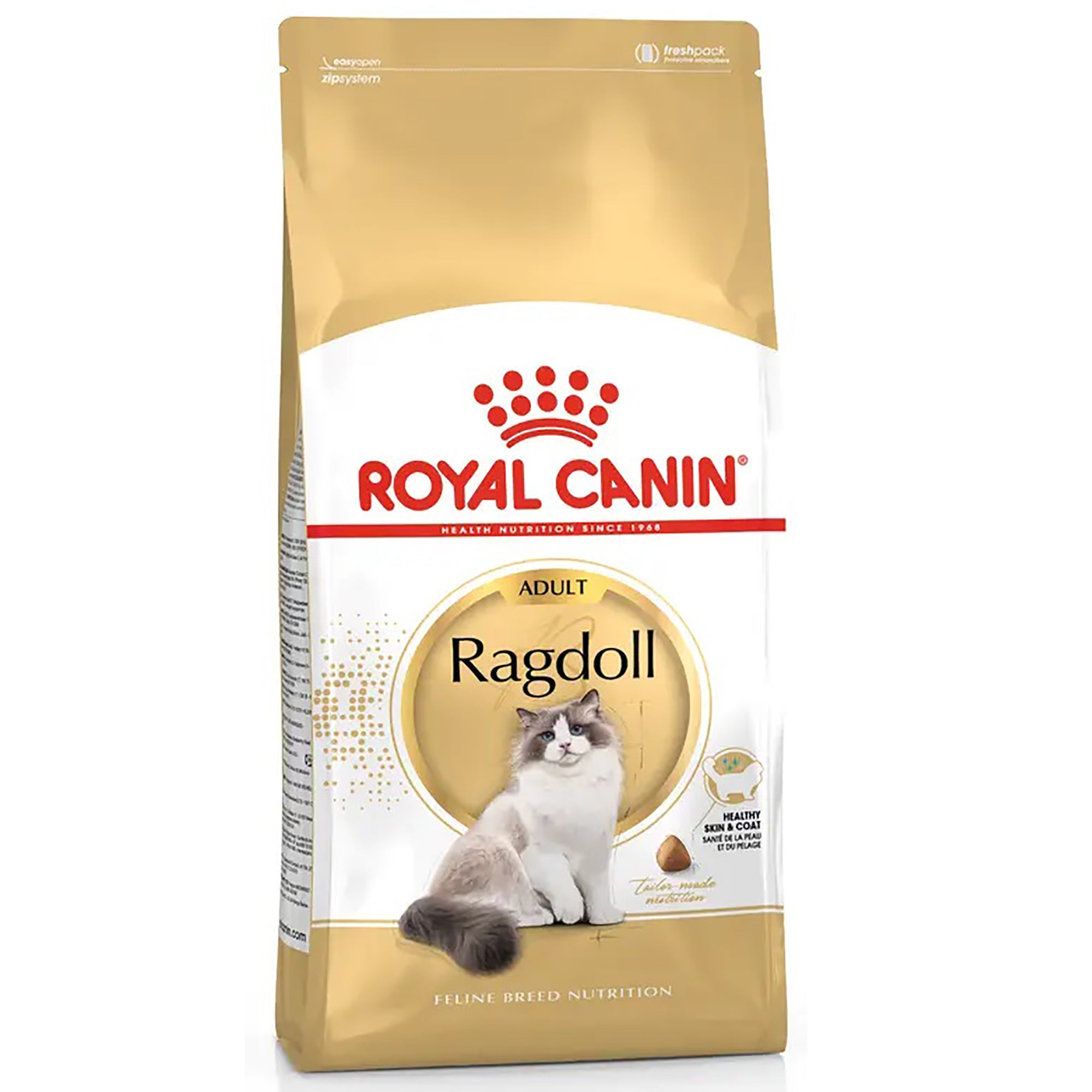 A bag of Royal Canin Ragdoll adult cat food, featuring a gold and white package design with a picture of a Ragdoll cat on the front.
