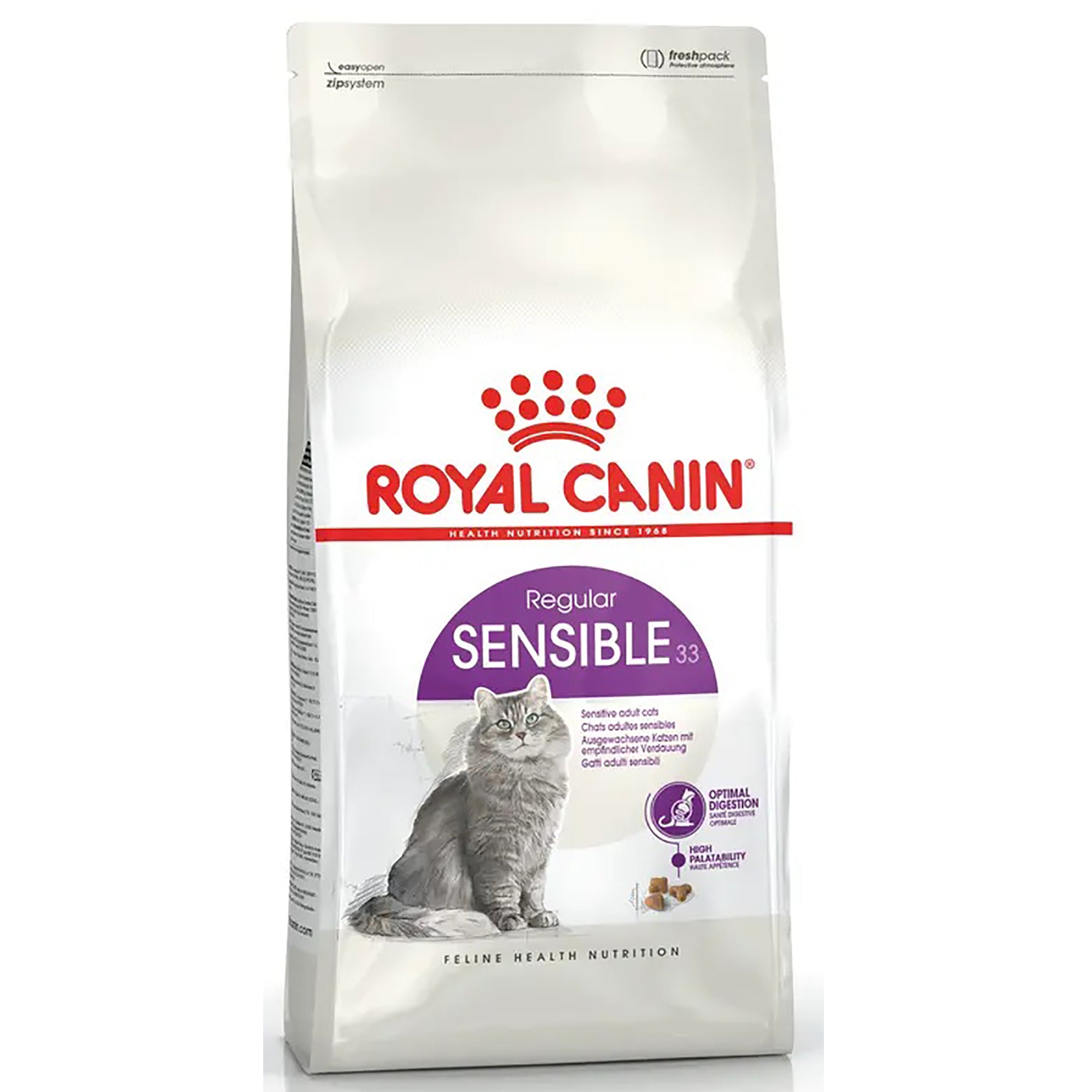 A bag of Royal Canin Sensible 33 Regular cat food, featuring a white package with red and purple branding, a picture of a grey tabby cat, and kibble pieces shown at the bottom.