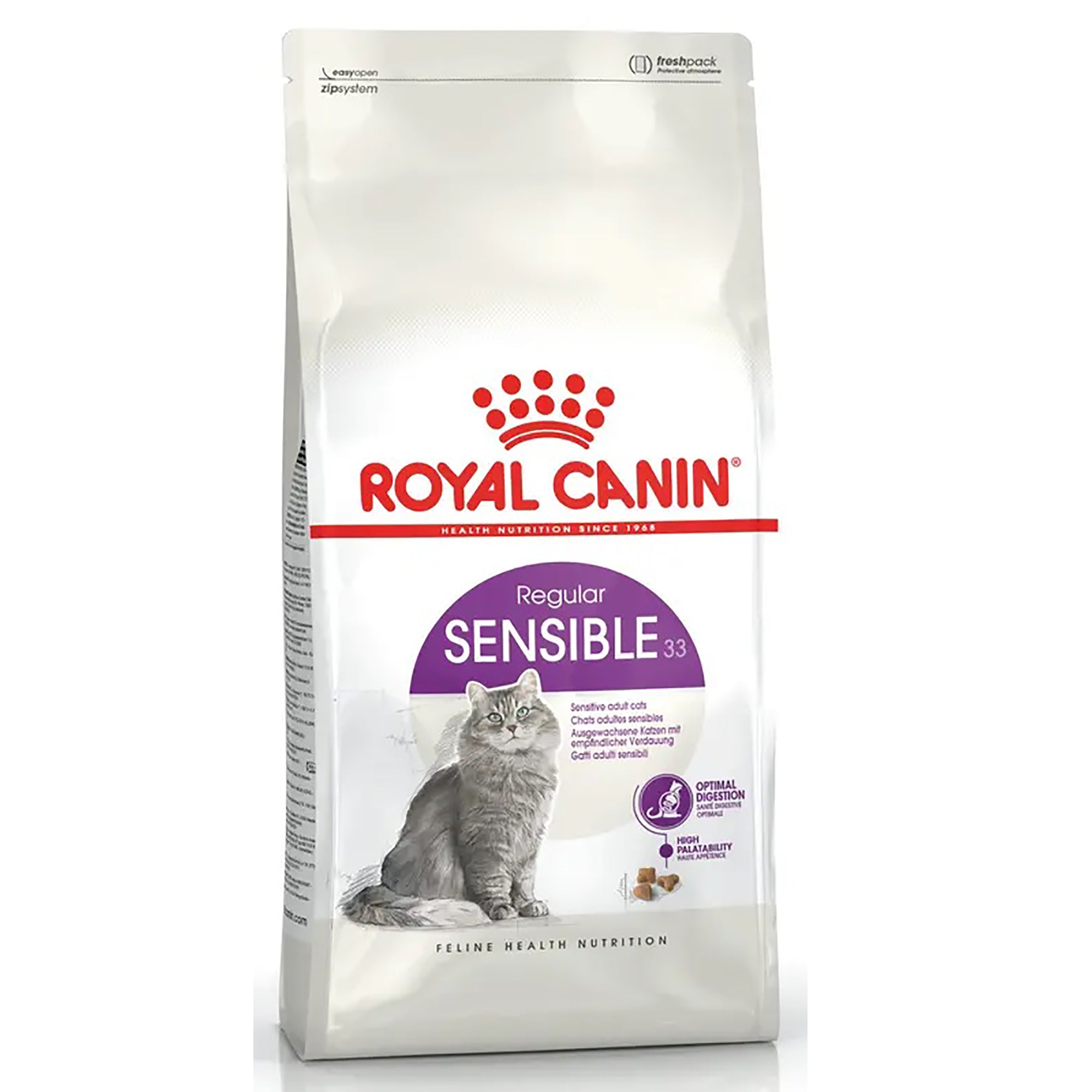 A bag of Royal Canin Sensible 33 Regular cat food, featuring a white bag with red and purple branding and an image of a grey cat on the front.