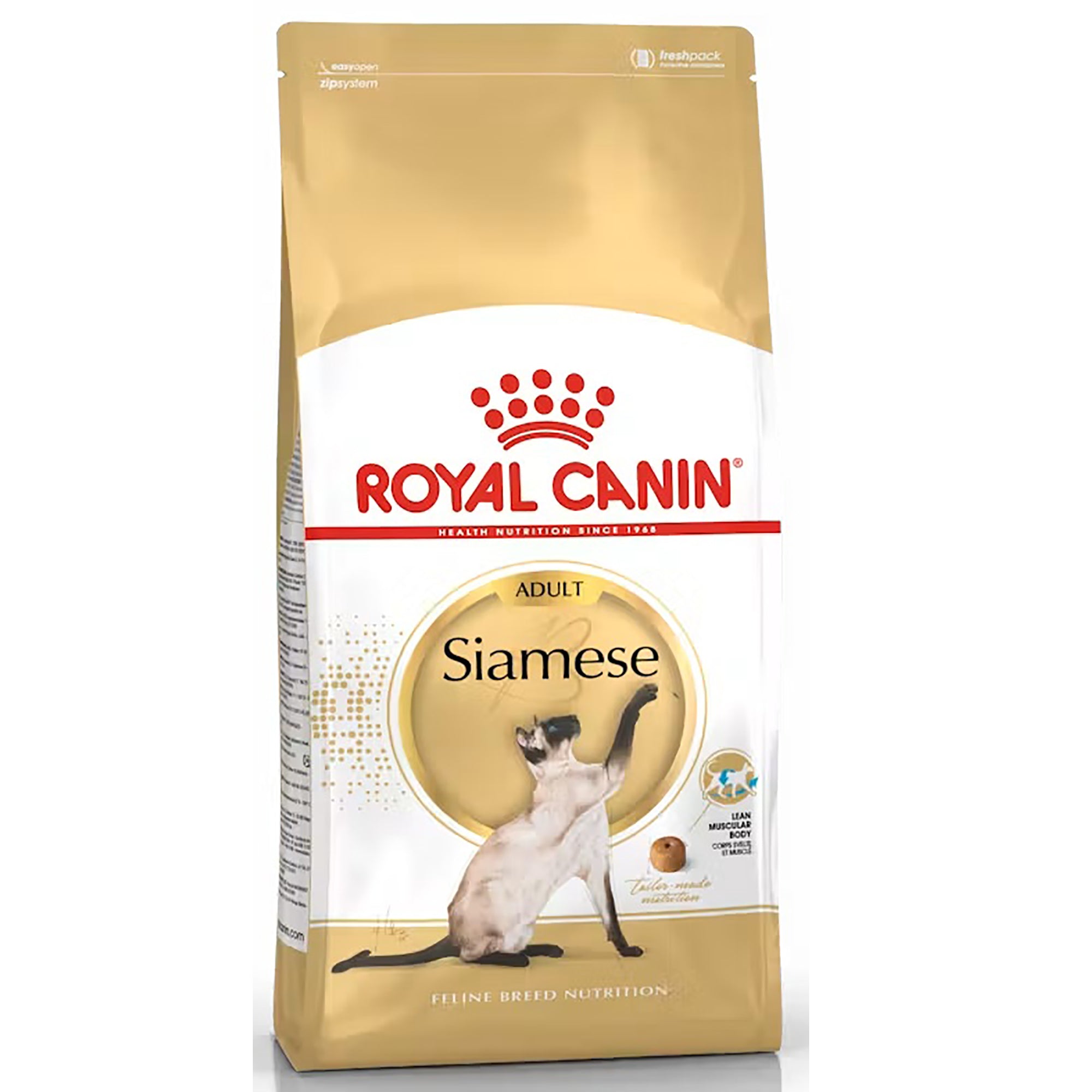 A bag of Royal Canin Siamese adult cat food, featuring a gold and white packaging design with a picture of a Siamese cat on the front.
