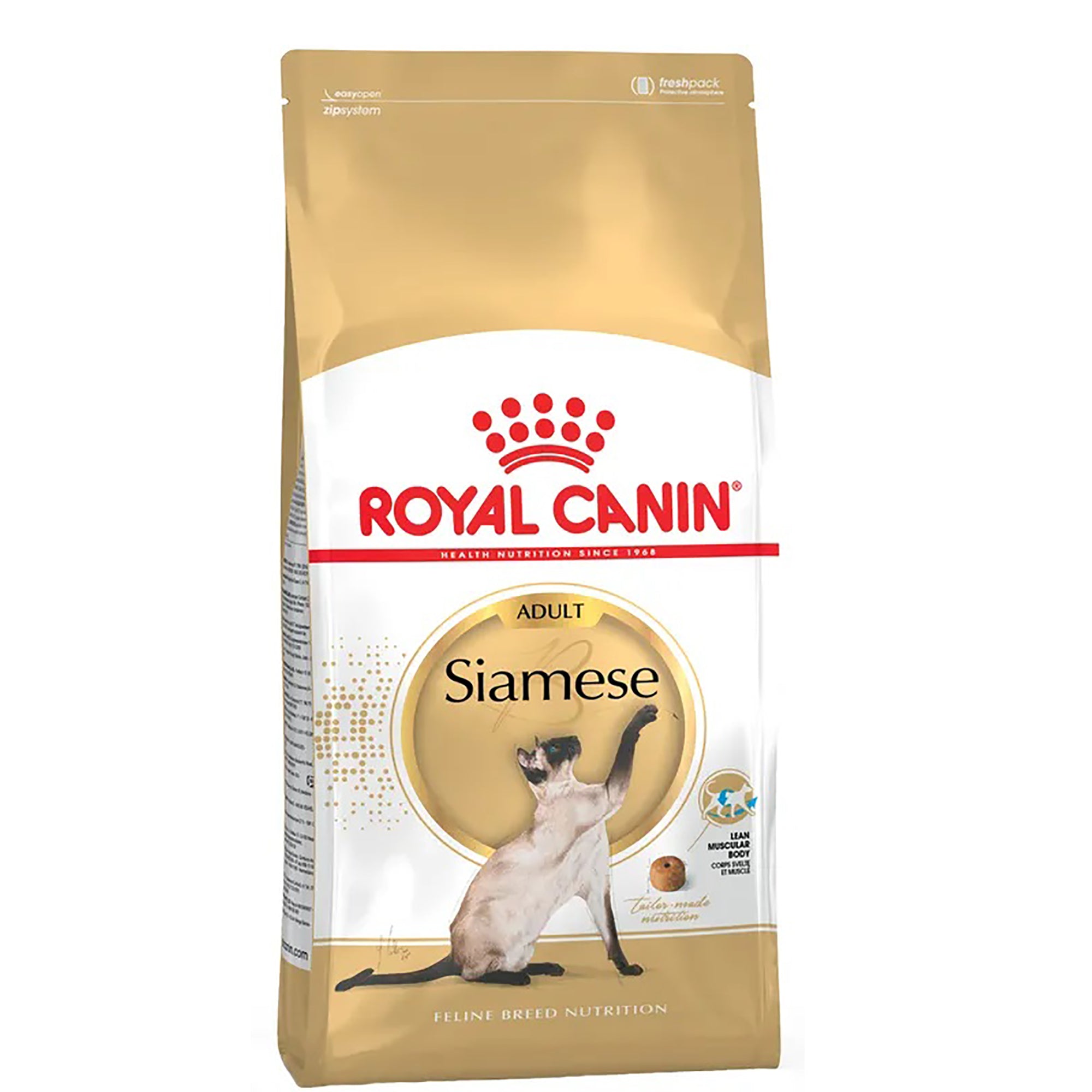 A bag of Royal Canin Siamese Adult cat food, featuring a white and gold package design with a picture of a Siamese cat and the Royal Canin logo.