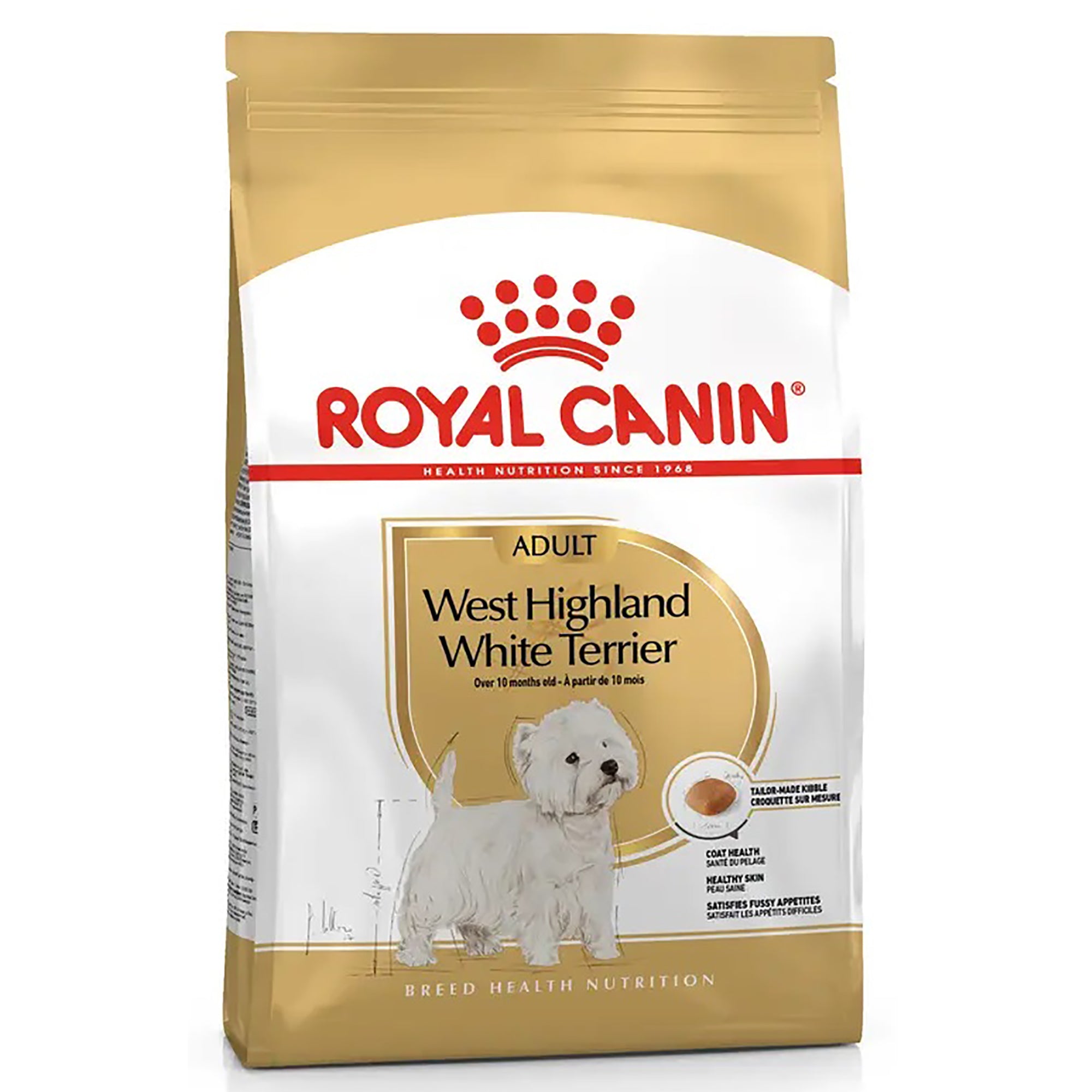 A bag of Royal Canin West Highland White Terrier adult dog food, featuring a white and gold package design with a red Royal Canin logo and an illustration of the West Highland White Terrier.