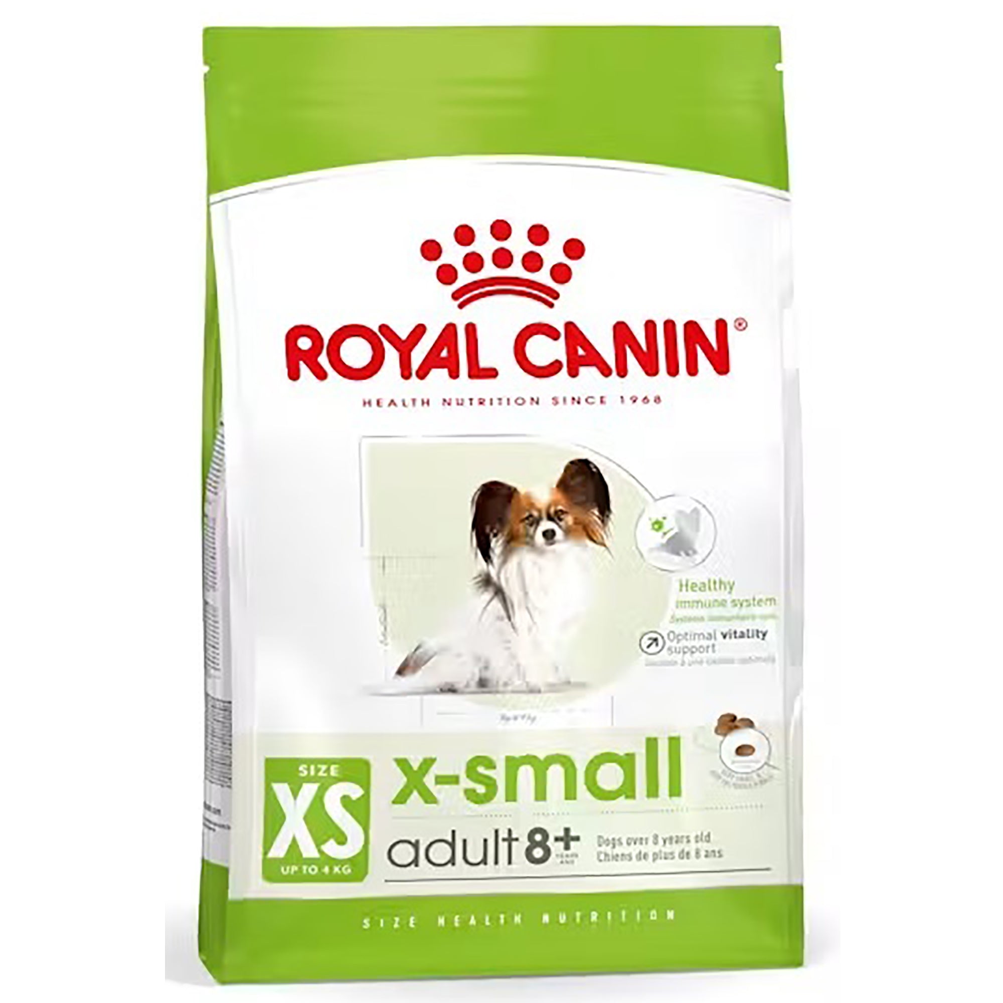 A bag of Royal Canin x-small adult 8+ dog food, featuring a white and green package with a picture of a small brown and white dog.