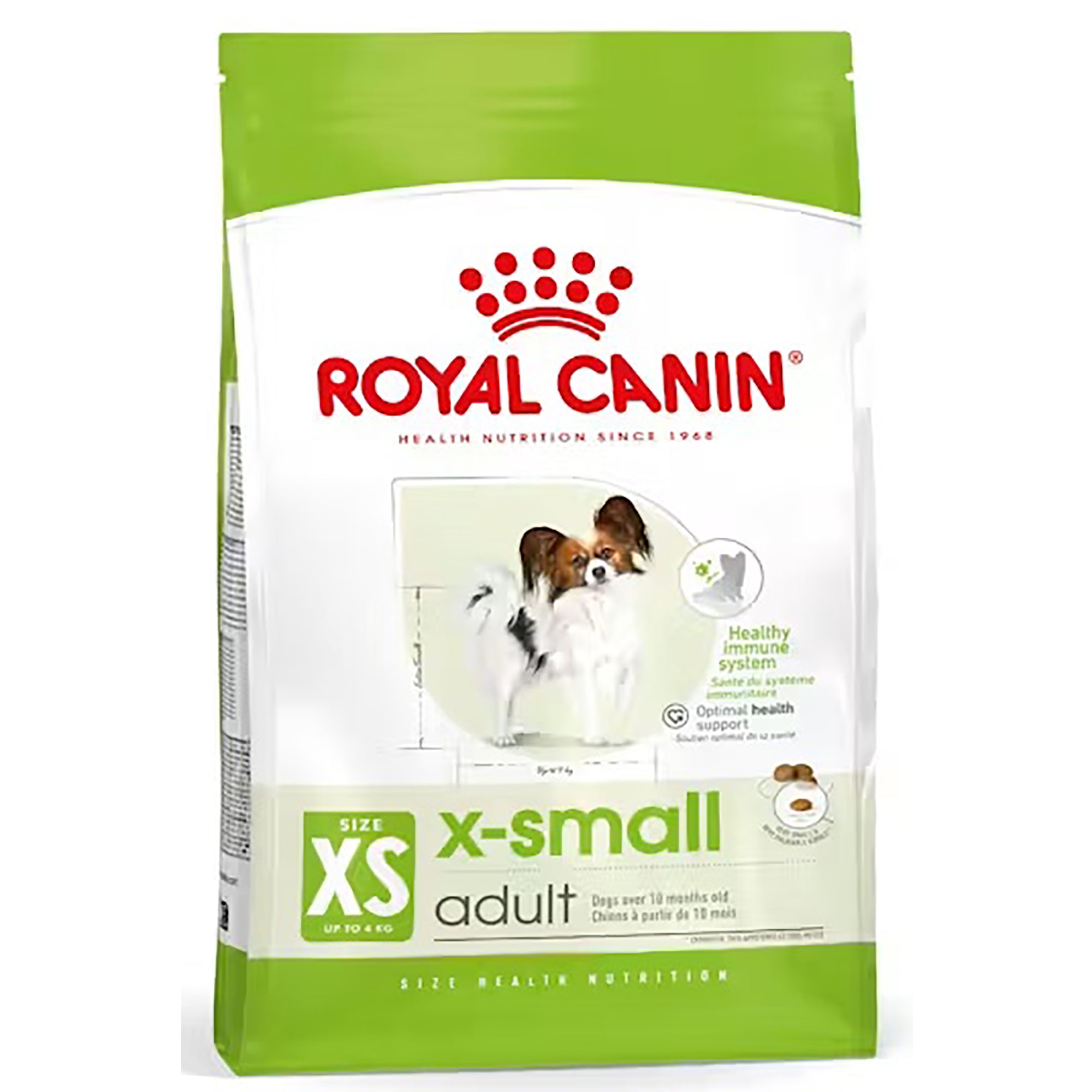 A bag of Royal Canin X-small adult dog food, featuring a white and green package with a picture of a small brown and white dog on the front.