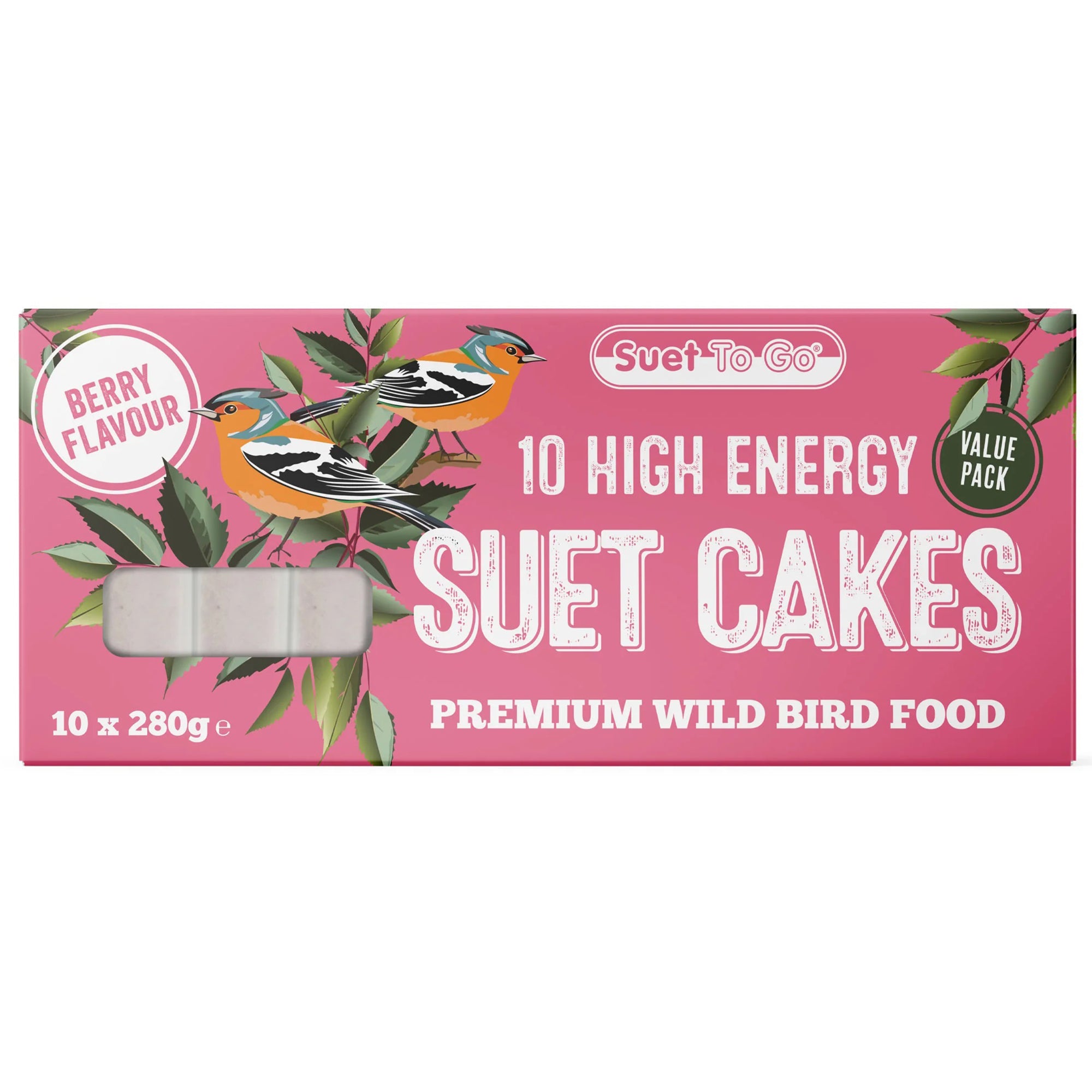 Box of 10 high energy suet cakes with birds on a pink background