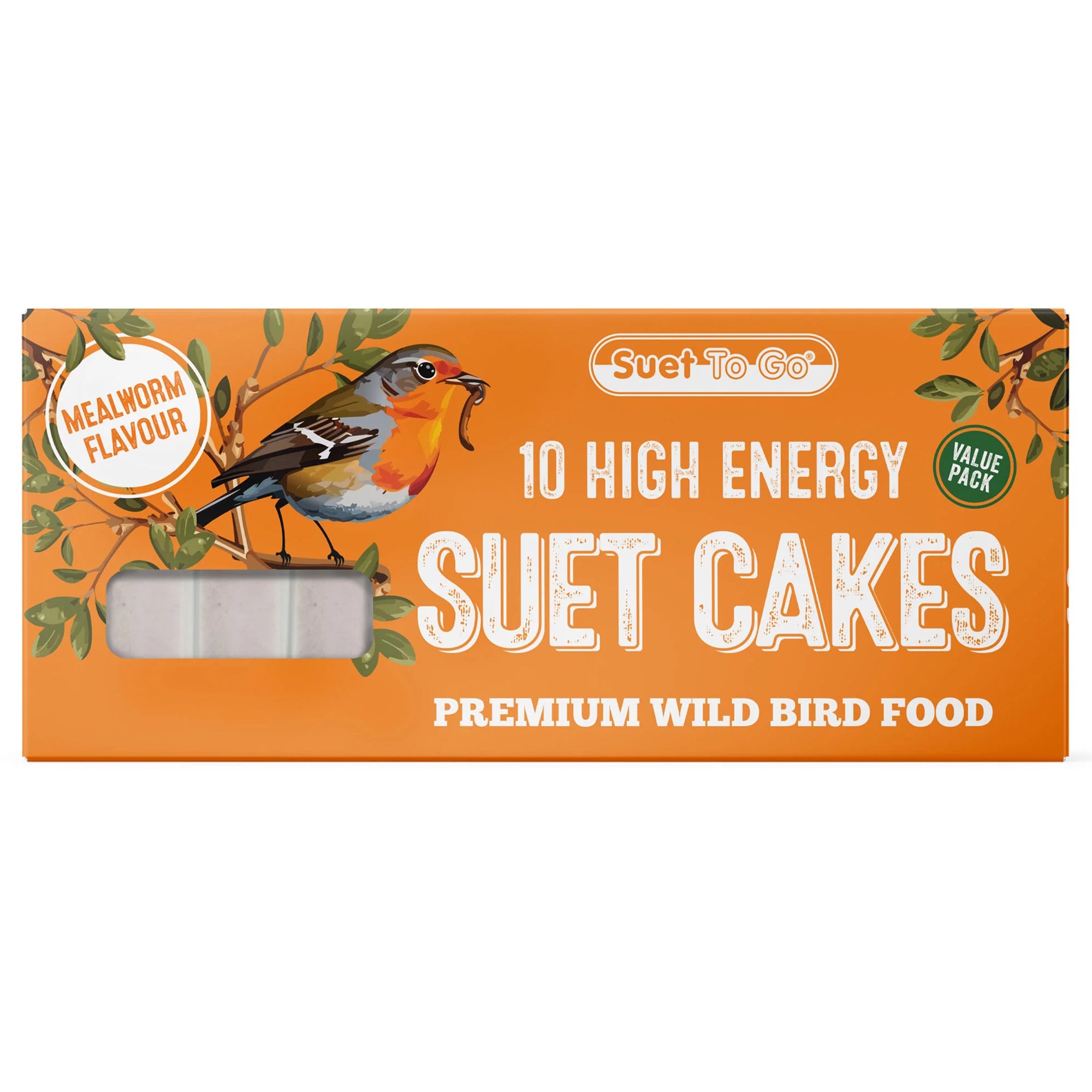 Box of 10 high energy suet cakes with a robin illustration on an orange background