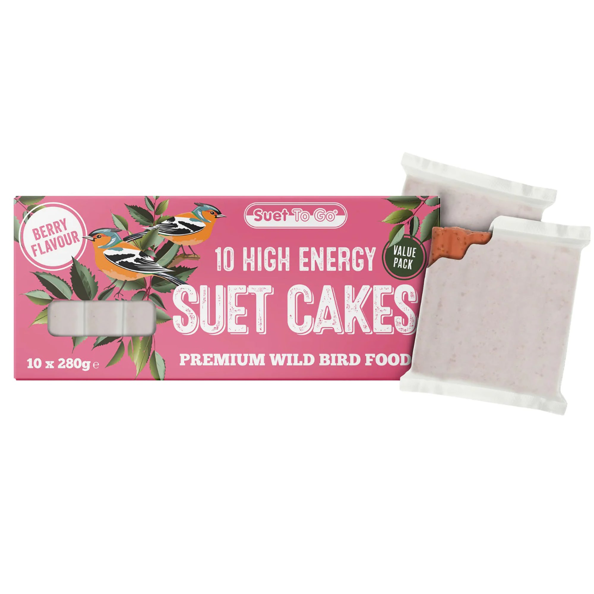 Box of high energy suet cakes with bird illustrations on a pink background