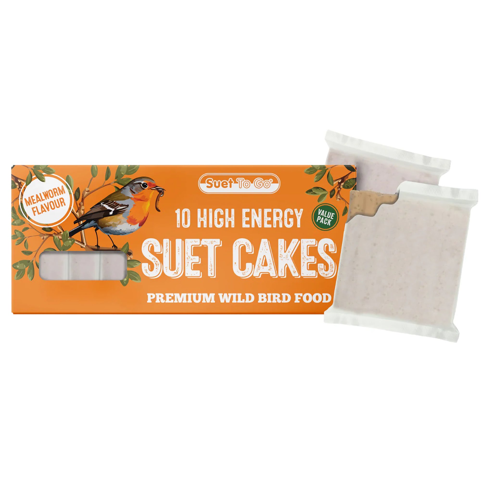 Box of 10 high energy suet cakes for birds with a bird illustration on an orange background.