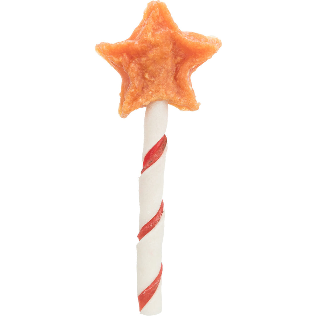 Trixie Christmas Star Lollipop With Chicken Dog Treat 14g — star-shaped chicken treat on a red and white striped rawhide stick, front view