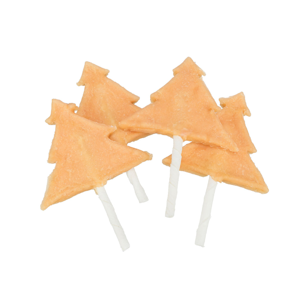 Close-up of Trixie Christmas tree-shaped chicken breast dog treats with white rawhide sticks