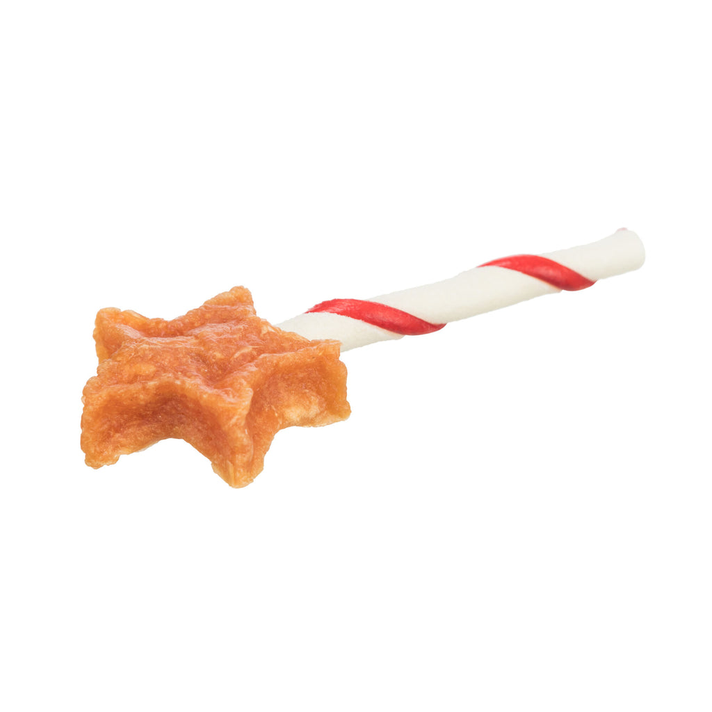 Trixie Christmas Star Lollipop With Chicken Dog Treat 14g — star-shaped chicken treat on a red and white striped rawhide stick, angled view