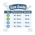 Trixie Minot Sherpa dog coat size guide showing stomach circumference and back length for sizes Small 36cm and 40cm, and Medium 45cm and 50cm