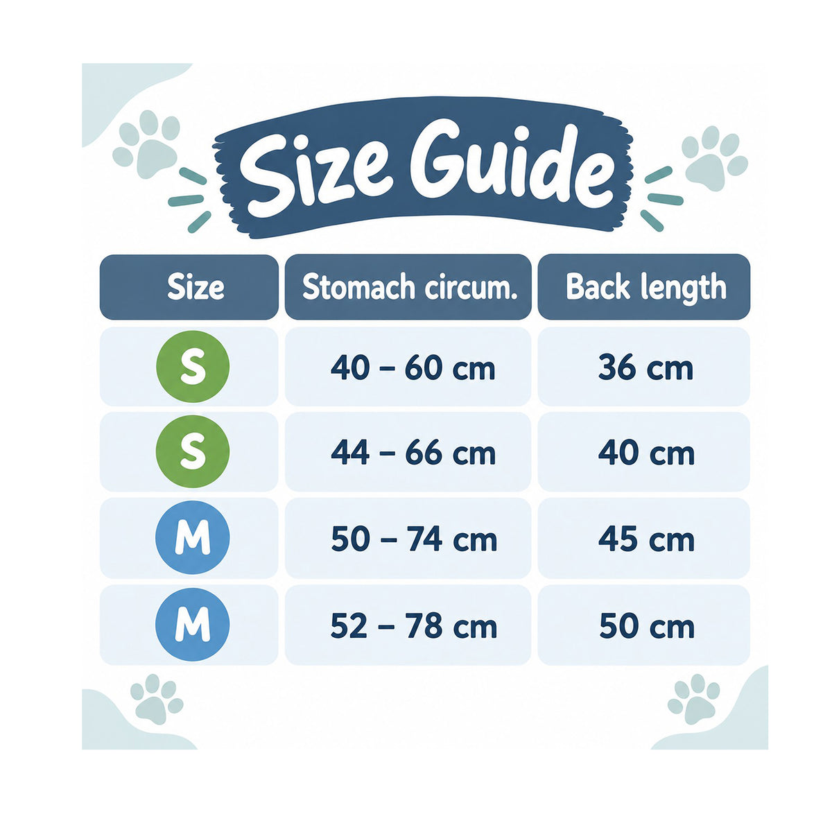 Trixie Minot Sherpa dog coat size guide showing stomach circumference and back length for sizes Small 36cm and 40cm, and Medium 45cm and 50cm