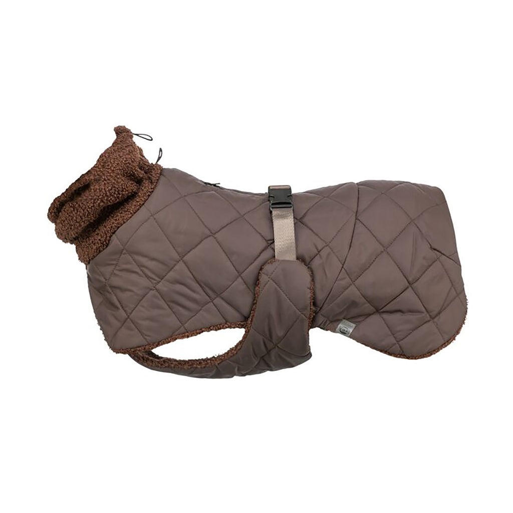 Brown quilted Trixie Minot dog coat shown in side view with teddy lining and adjustable belly strap
