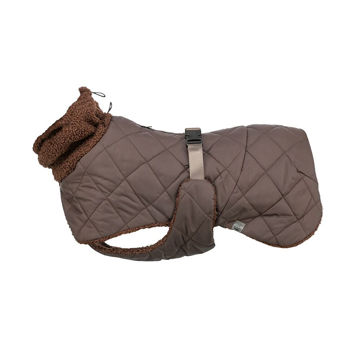 Brown quilted Trixie Minot dog coat shown in side view with teddy lining and adjustable belly strap