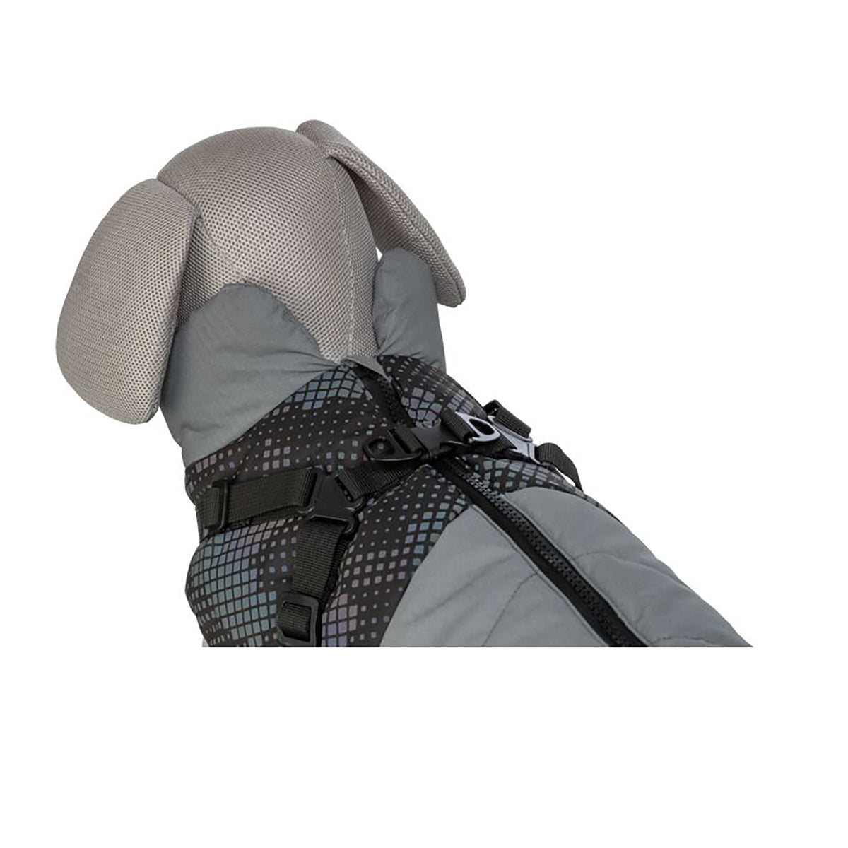 Close-up of the grey Trixie Pontis dog coat showing reflective material and fleece lining