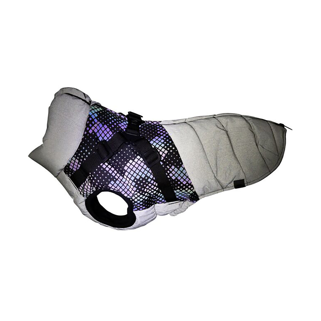 Grey Trixie Pontis dog coat showing its all-over reflective material