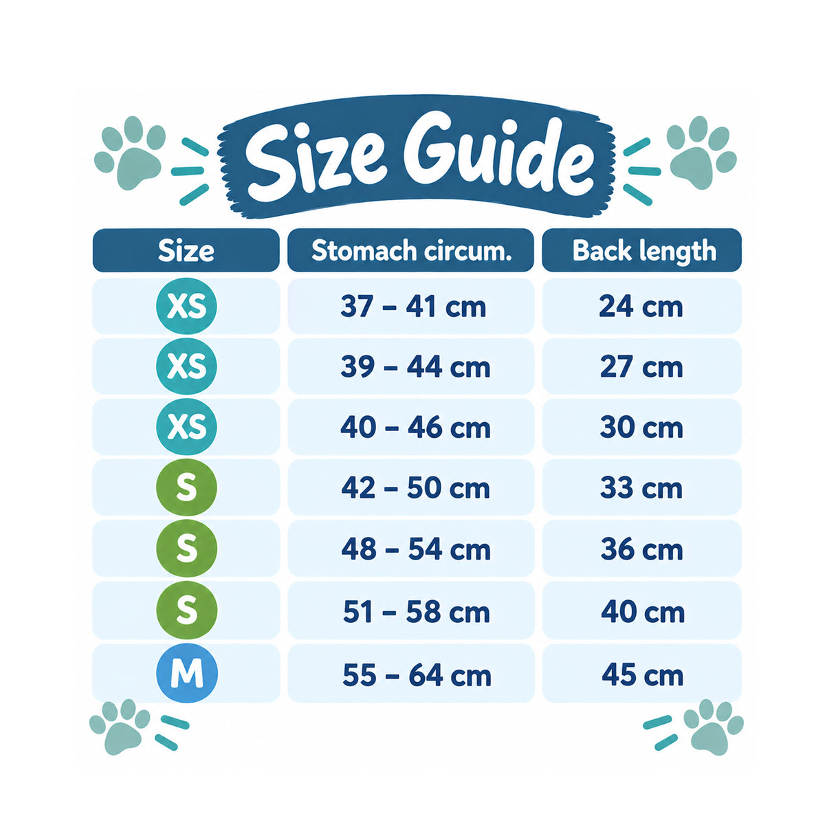 Trixie Pontis dog coat size guide showing stomach circumference and back length for XS 24cm, XS 27cm, XS 30cm, S 33cm, S 36cm, S 40cm and M 45cm